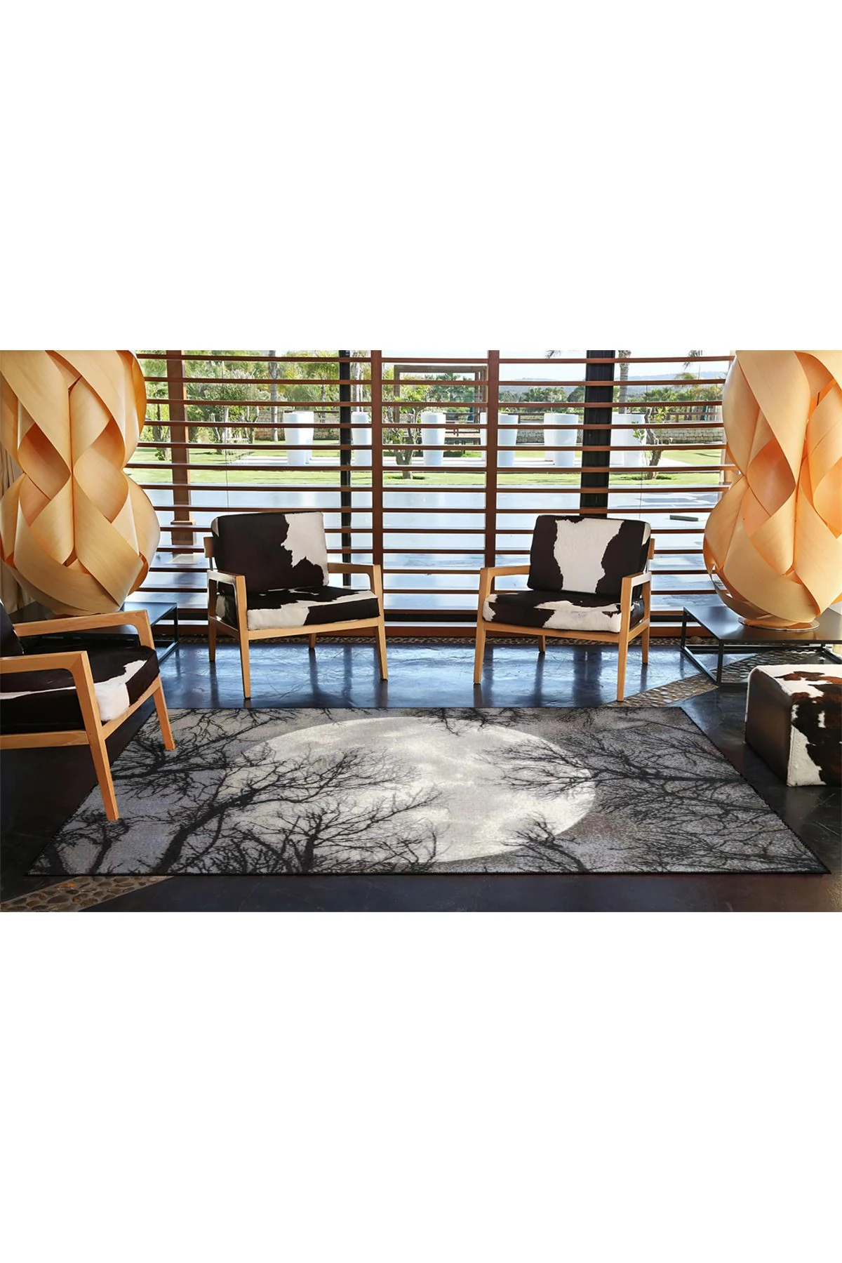 Gri Temalı Ağaç ve Ay Desenli Kreatif Modern Dekoratif Halı 3892