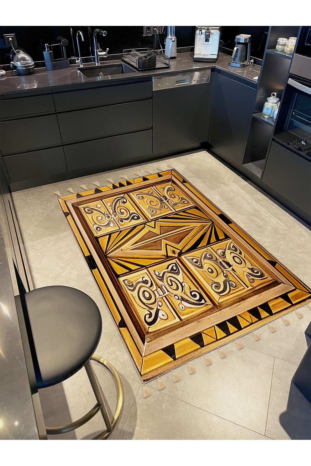 Royal Karma Soyut Şekiller Desenli Püskül Detaylı Dokuma Taban Dekoratif Halı royal26