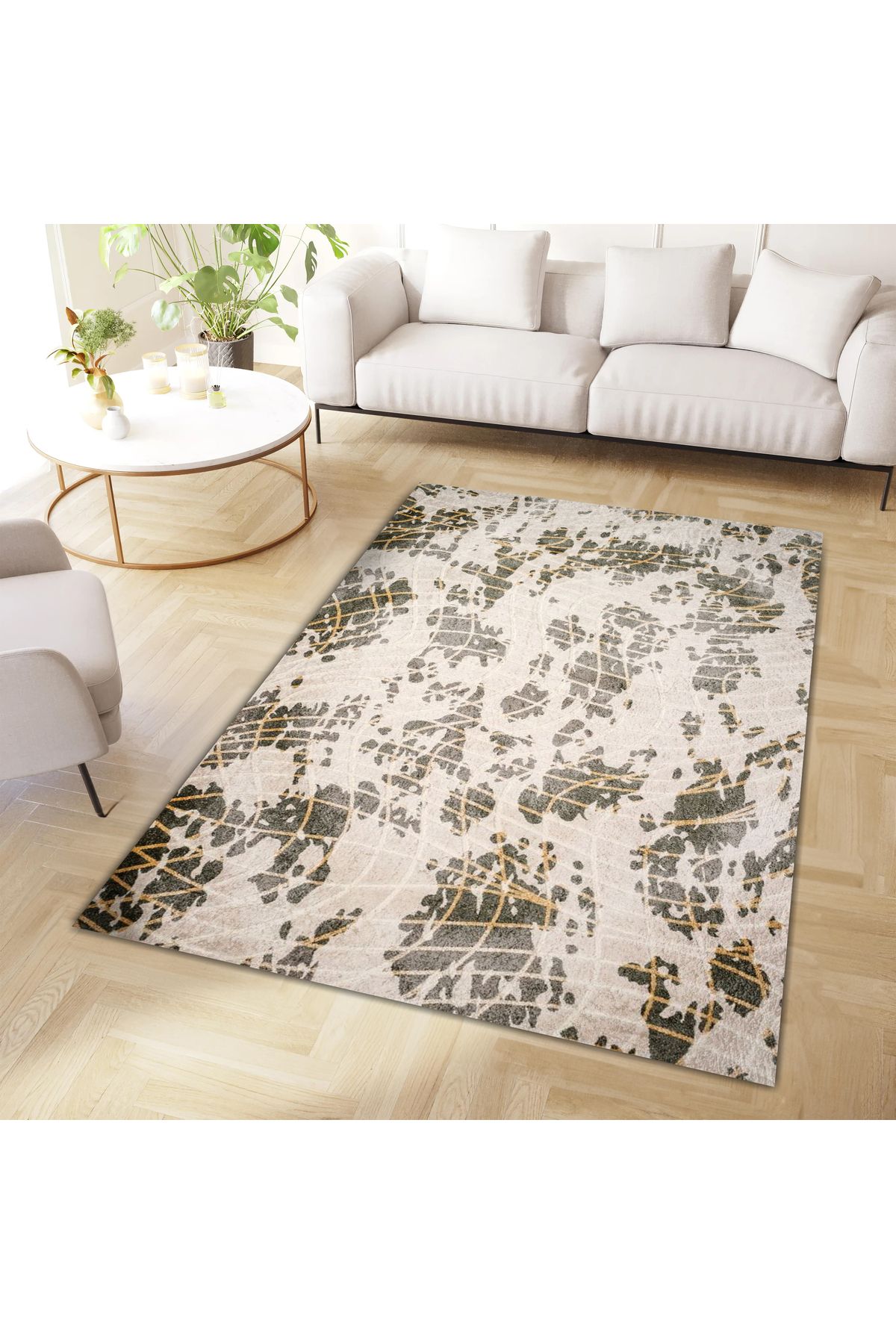 Kuzey Koleksiyonu Sarı Bej Çizgi Desenli Dokuma Taban Dekoratif Halı kuzey15