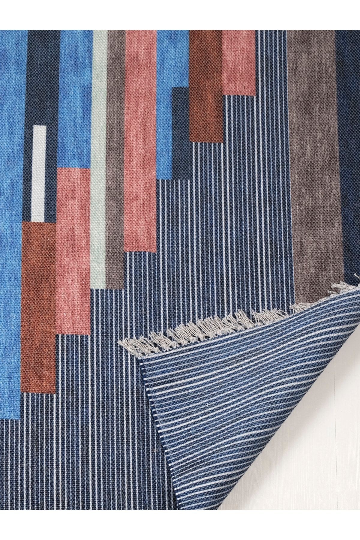 Rustik 4008 Lacivert Gri Çok Renkli Geometrik Desenli Kilim