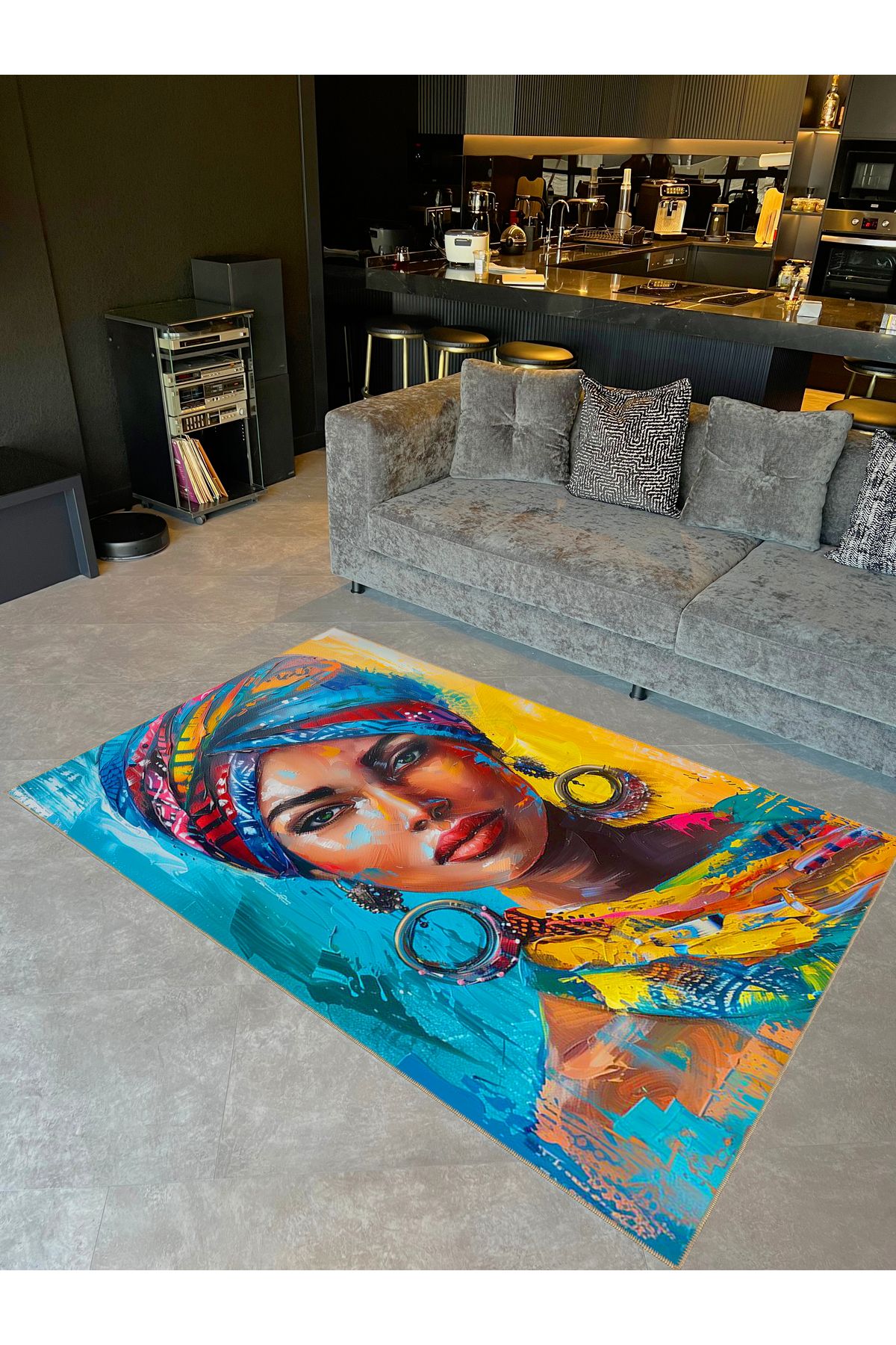 Buse Koleksiyonu Çok Renkli Yağlı Boya Görünümlü Kadın Detaylı Dokuma Taban Dekoratif Halı buse05