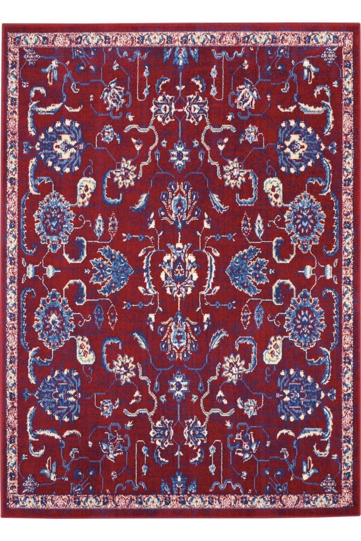 Vintage Mavi Bordo Etnik Desenli Dokuma Taban Dijital Baskılı Halı Mira 1387