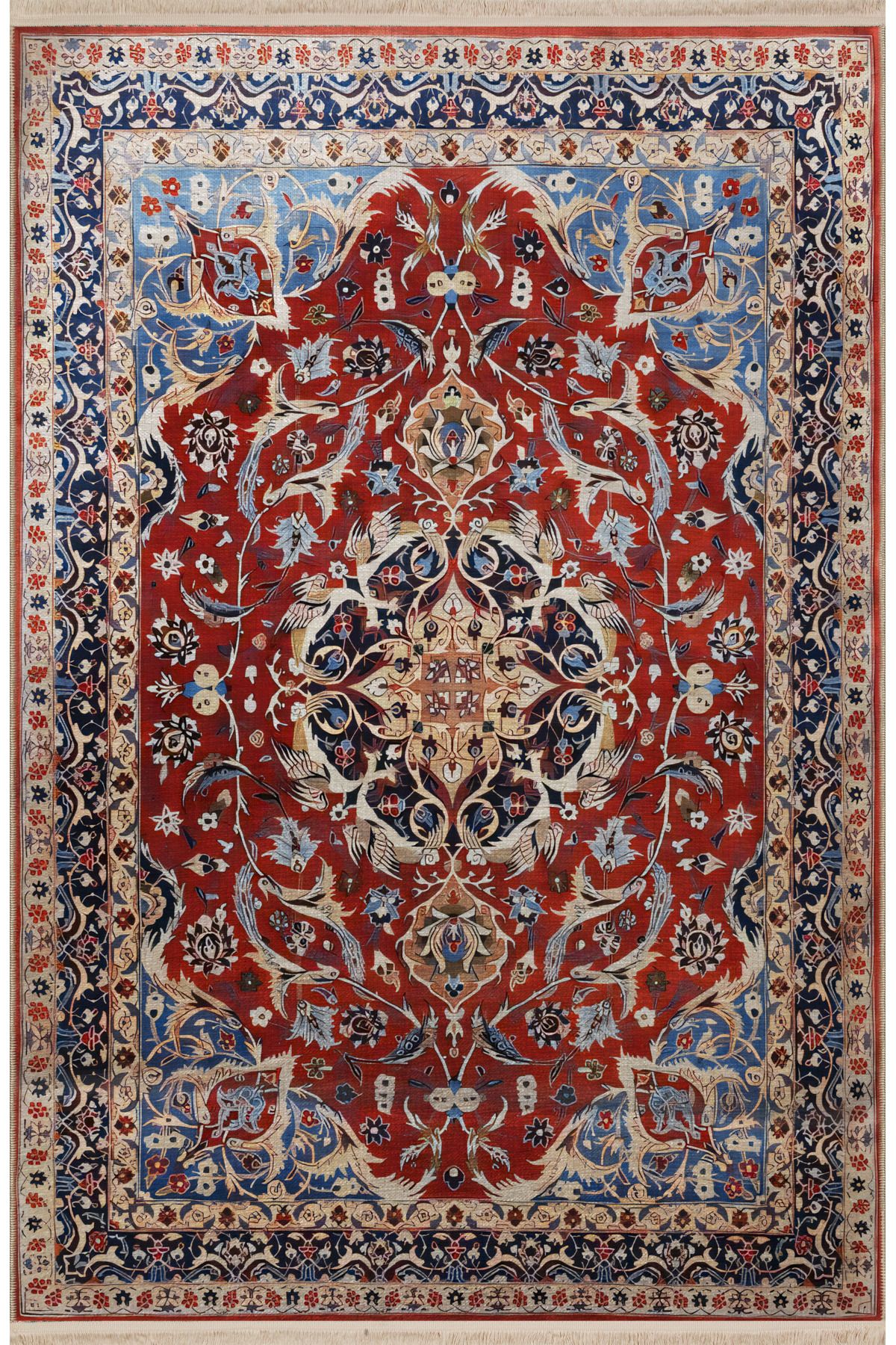 Mavi Bordo Temalı Çok Renkli Geleneksel Motif Etnik Desenli Kreatif Vintage Dekoratif Halı 2384