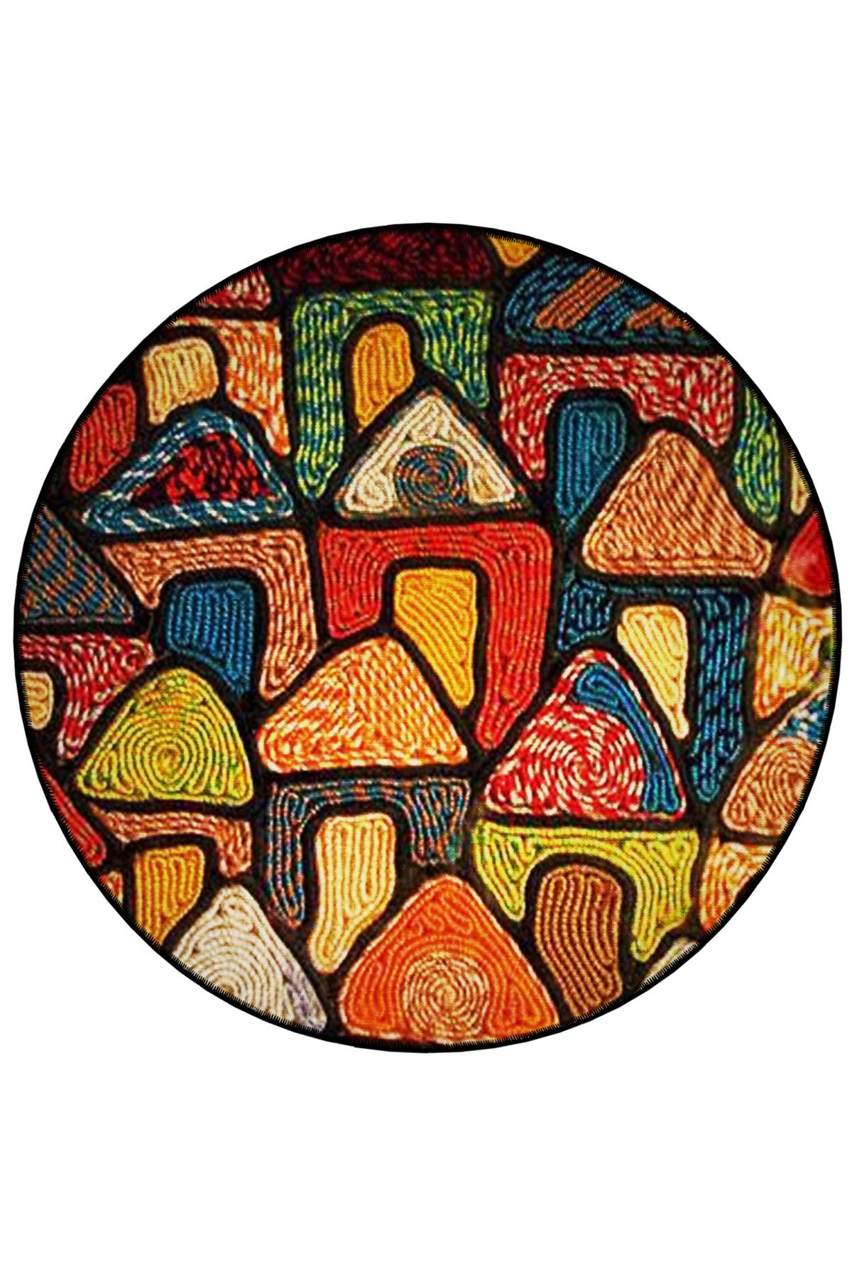 Çok Renkli Geometrik Şekilli Evler Desenli Yuvarlak Dokuma Taban Modern Dekoratif Halı 6187