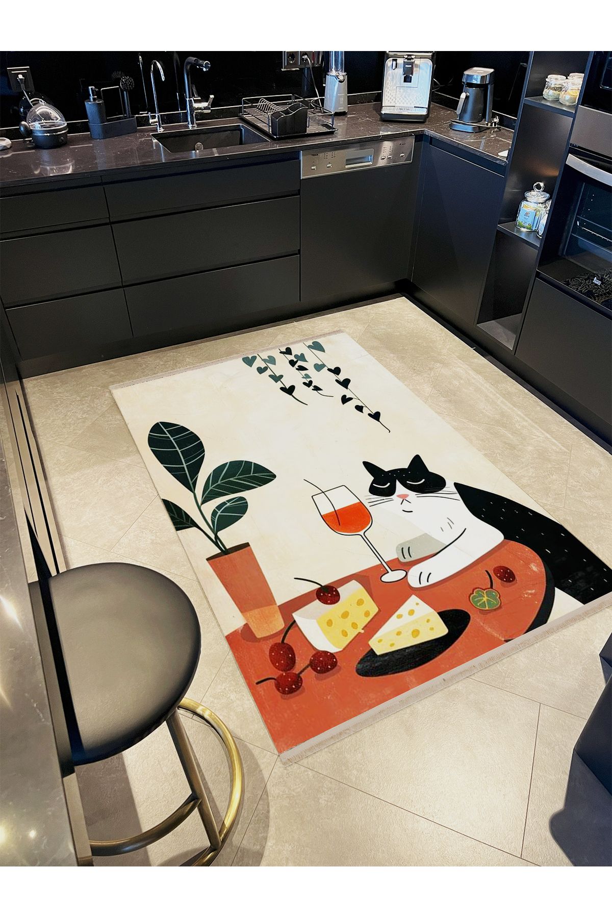 Özge Koleksiyonu Kedi Kadeh ve Peynir Desenli Dokuma Taban Modern Dekoratif Halı özge44