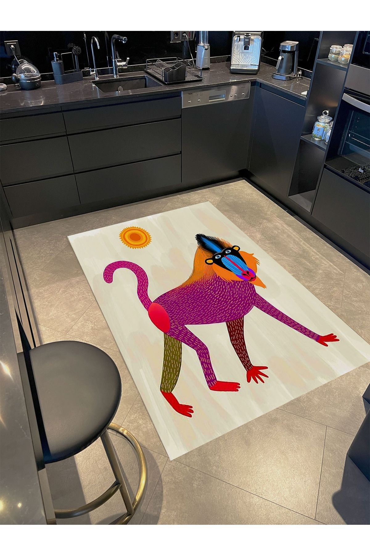 Ebru Koleksiyonu Güneş ve Çok Renkli Maymun Desenli Dokuma Taban Modern Dekoratif Halı ebru18