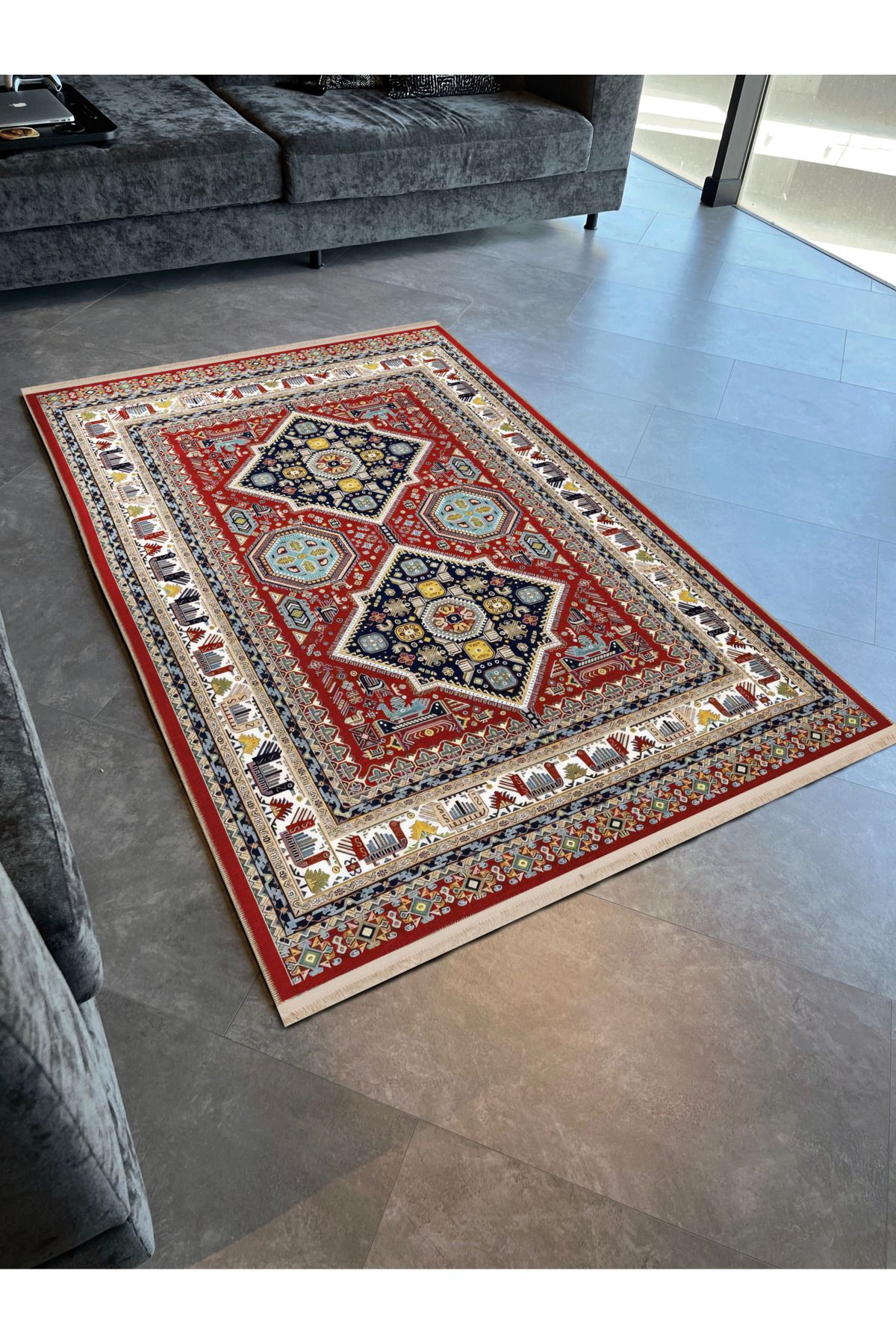 Bordo Temalı Çok Renkli Geleneksel Motif Etnik Desenli Vintage Dekoratif Halı 2438