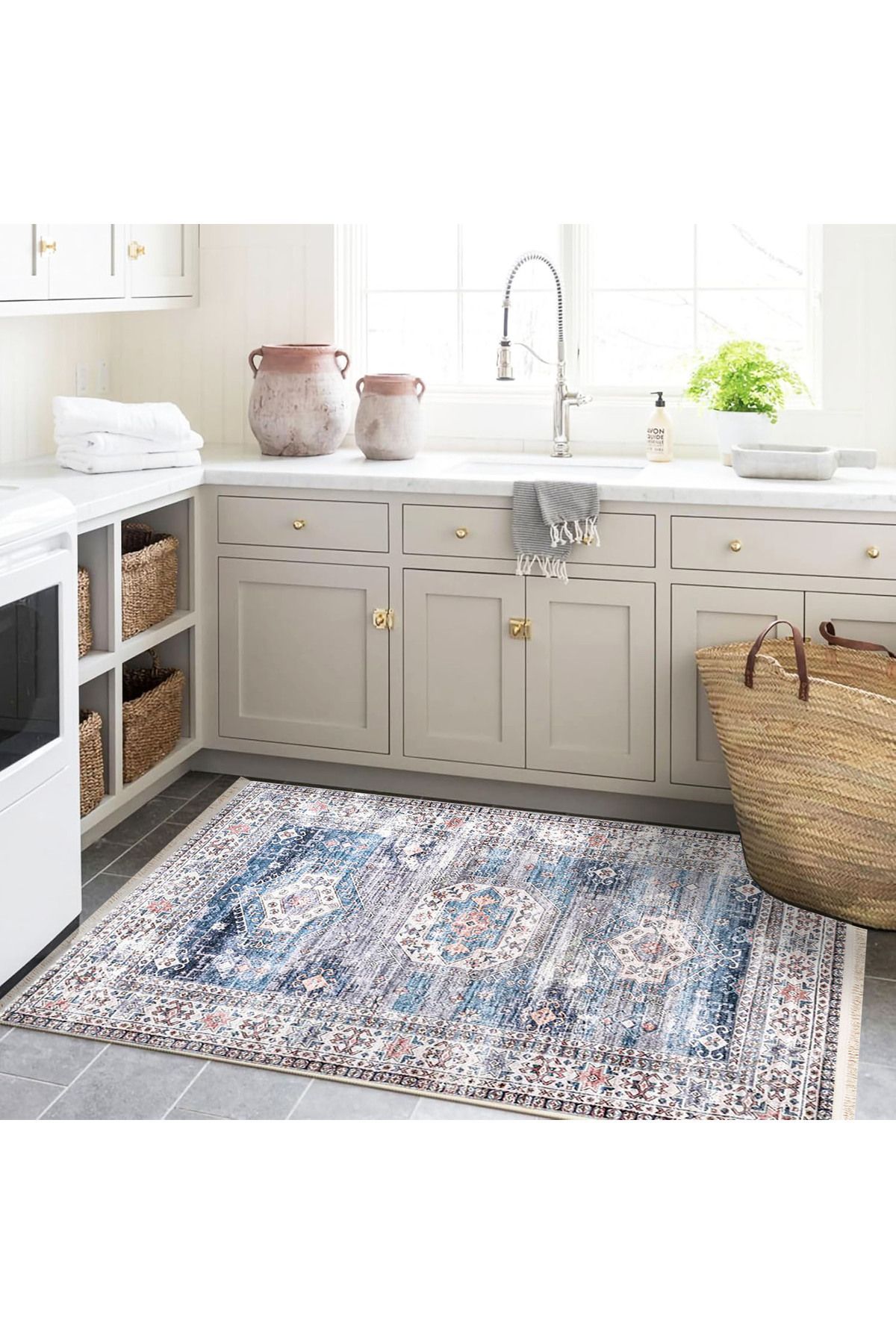 Alya Koleksiyonu Eskitme Görünümlü Mavi Desenli Dokuma Taban Dekoratif Halı alya45