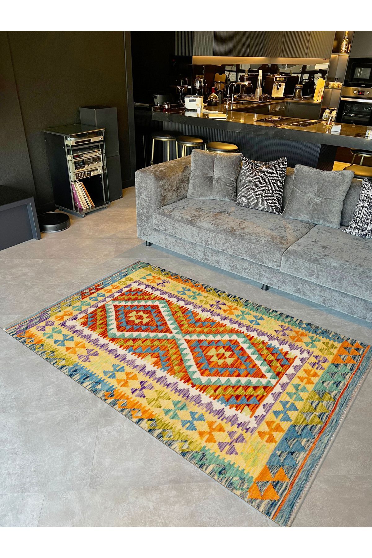 Alya Koleksiyonu Turuncu Yeşil Tonlarda Etnik Desenli Dokuma Taban Modern Dekoratif Halı alya12