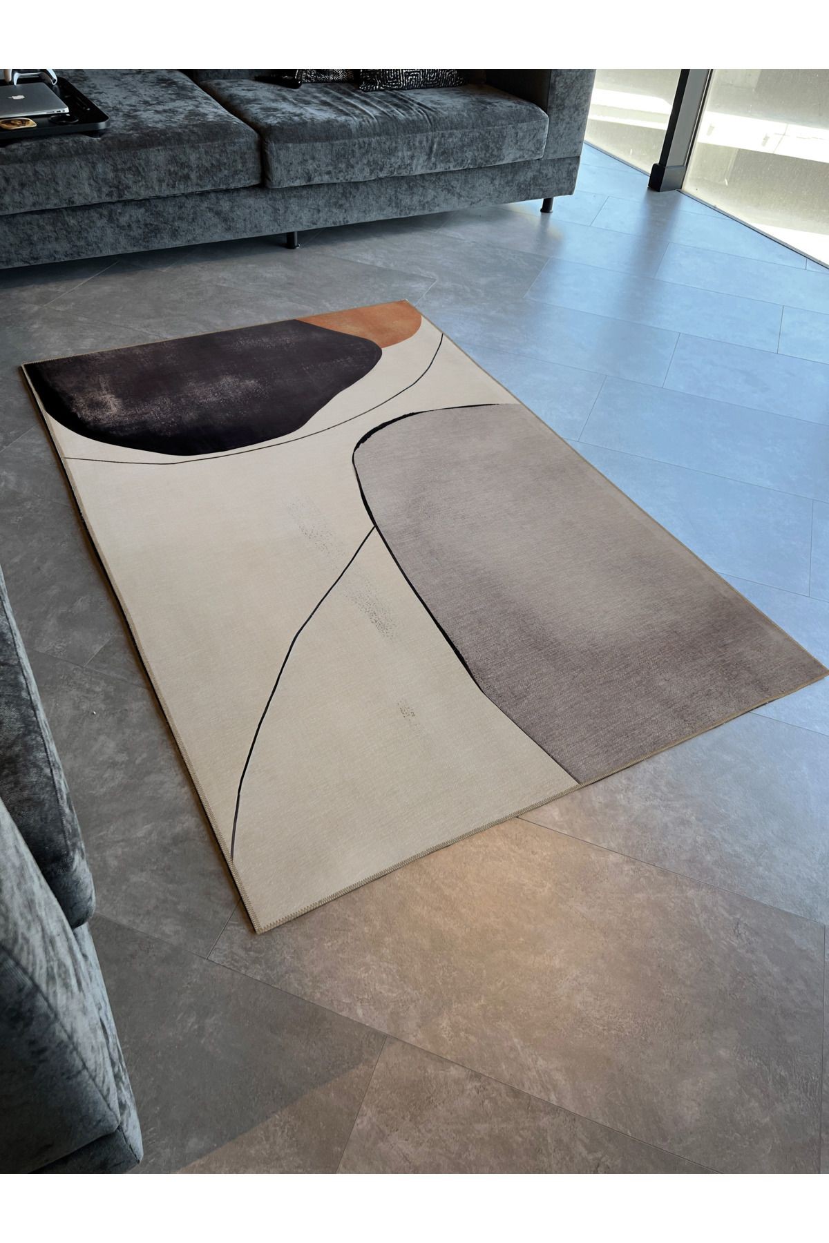 SDNEY Gri Bej Temalı Soyut Desenli Kreatif Modern Dekoratif Halı 2207