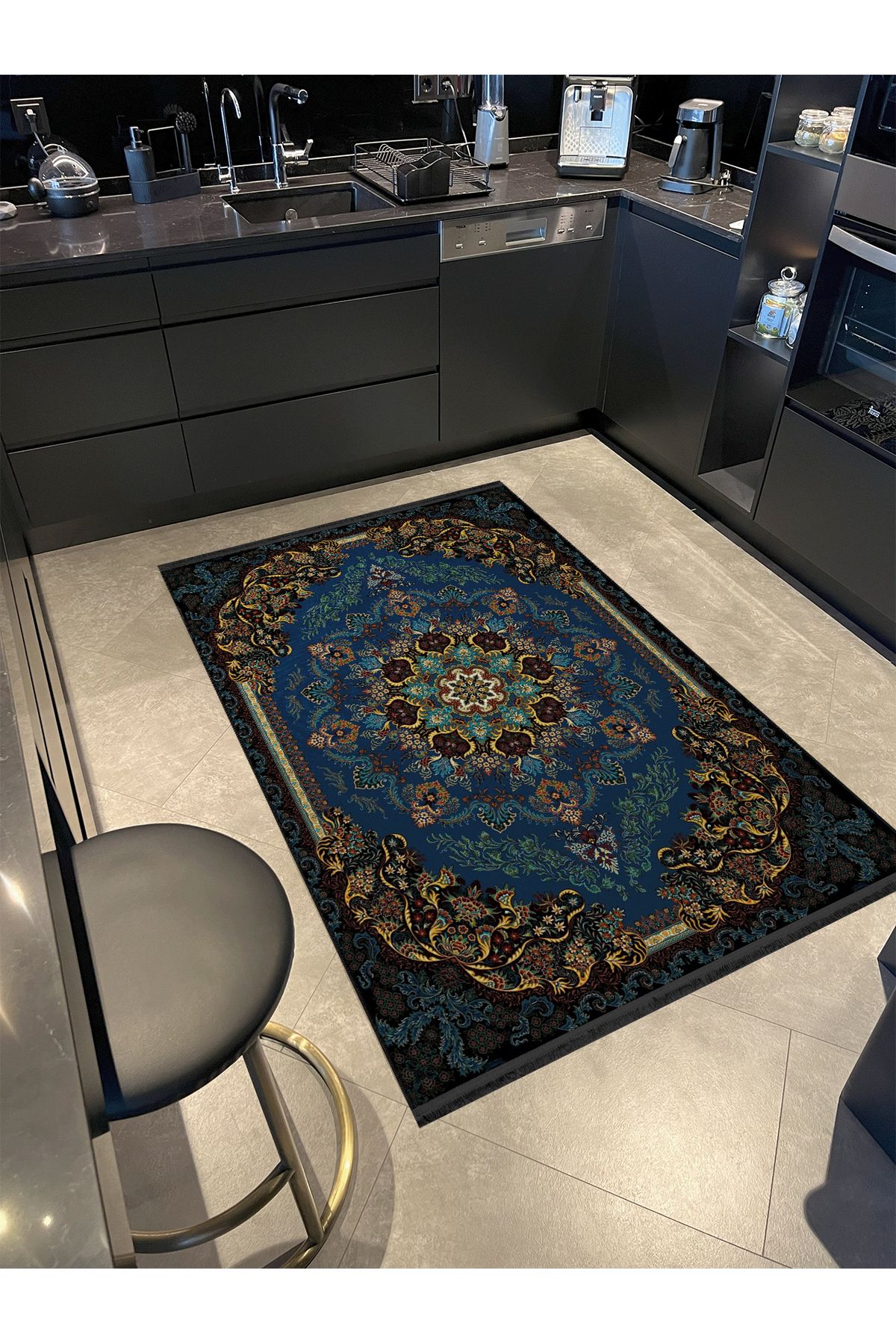 Sarı Çerçeve Detaylı Lacivert Desenli Etnik Serisi Modern Dekoratif Halı etnik21