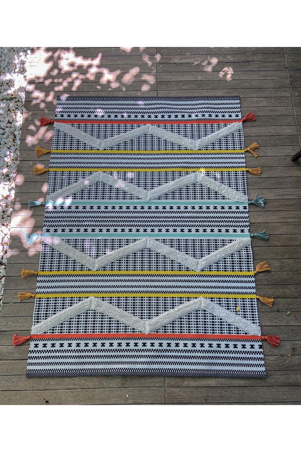 Rustik 4043 Kenarları Renkli Saçaklı Otantik Ve Etnik Desen Kilim