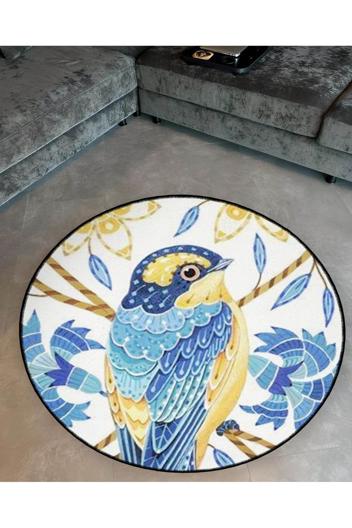 Mavi Sarı Temalı Kırlangıç Desenli Yuvarlak Dokuma Taban Vintage Dekoratif Halı 6117