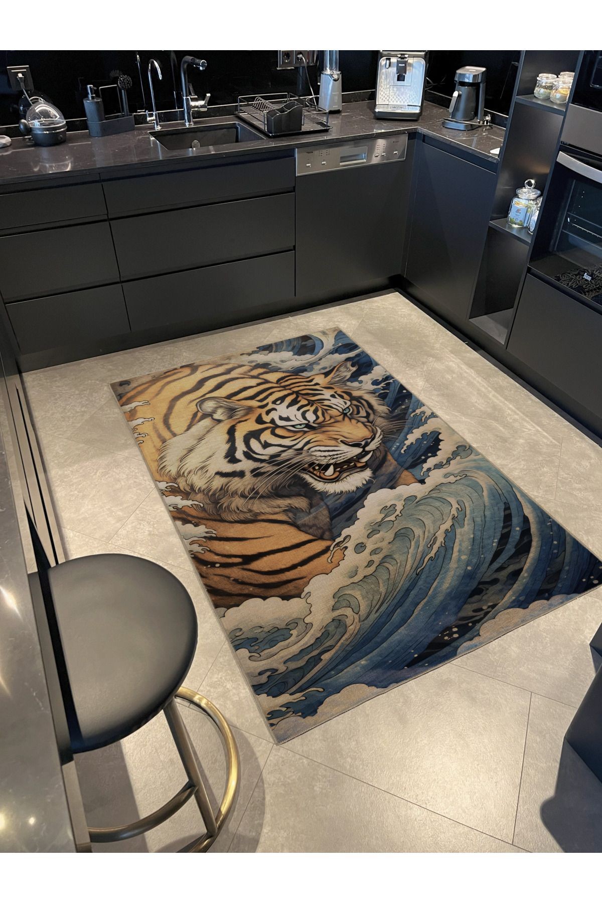 Çok Renkli Sürrealist Kaplan Desenli Kreatif Modern Dekoratif Halı 2403