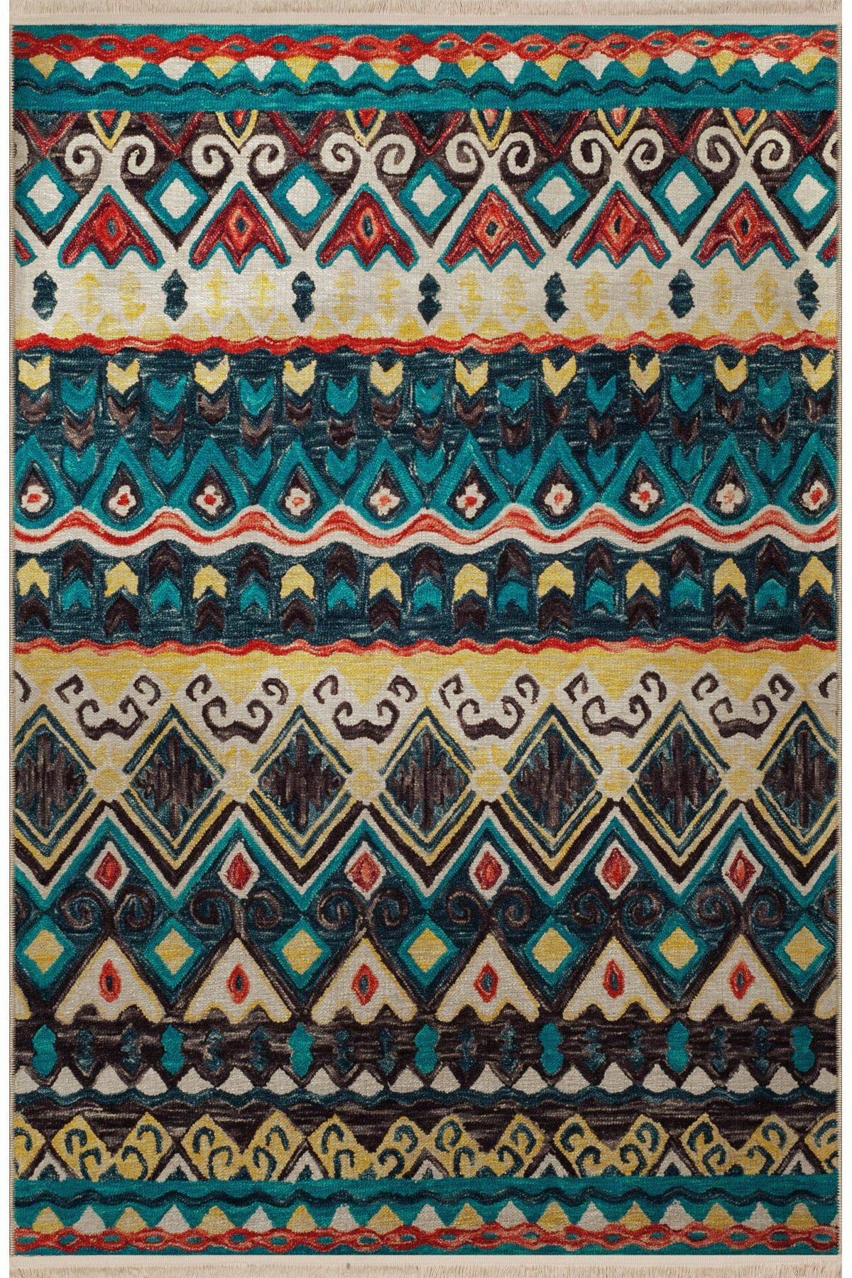 Mavi Temalı Çok Renkli Şerit Geleneksel Motifli Etnik Desenli Vintage Dekoratif Halı 2784
