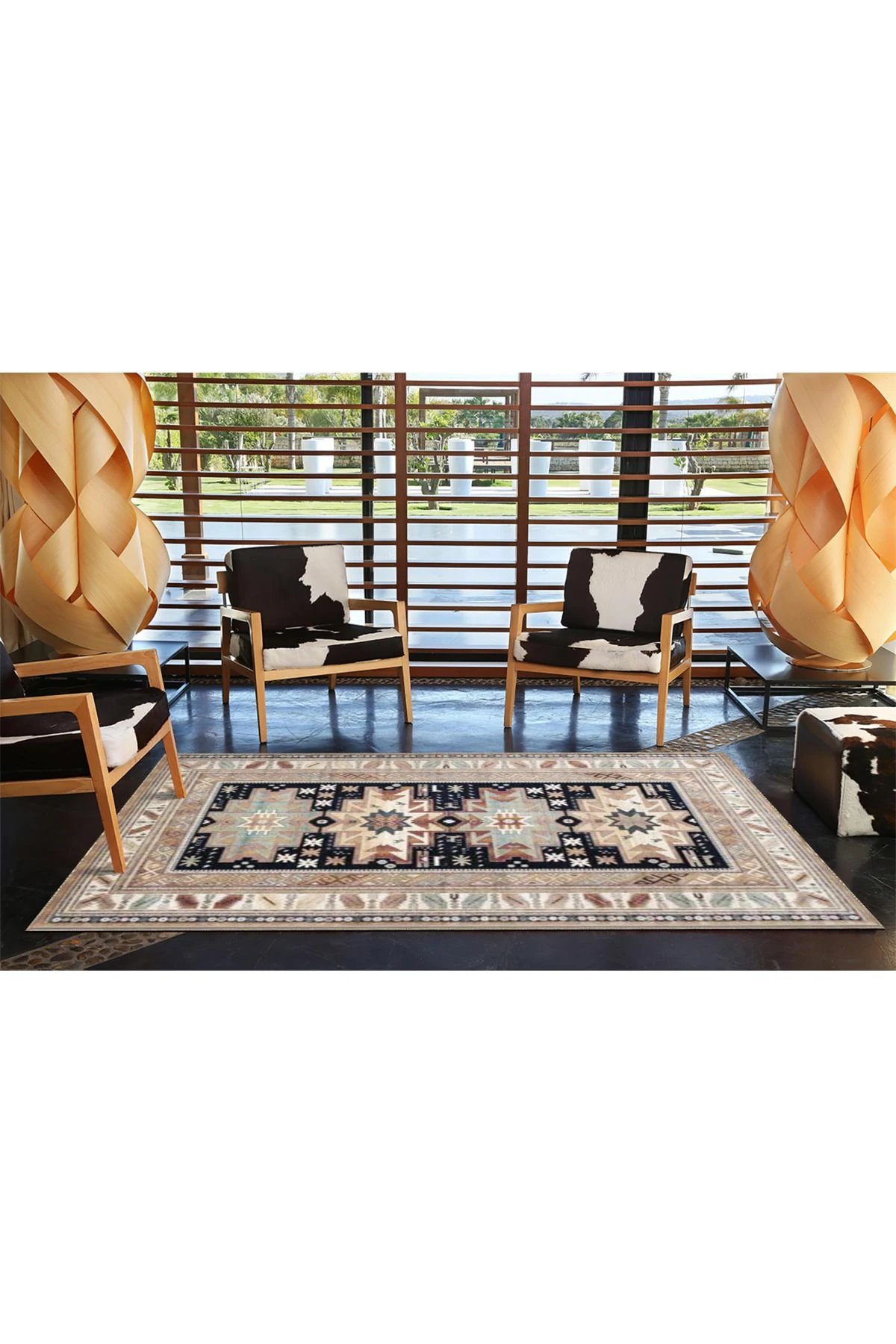 Krem Geometrik Modern Yıkanabilir Pamuklu Dekoratif Halı miravip8168