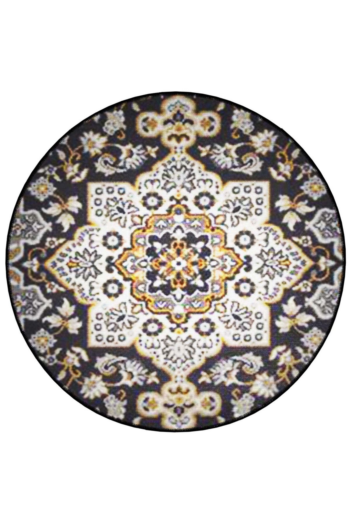 Kahve Bej Temalı Etnik Motif Geleneksel Desenli Yuvarlak Dokuma Taban Vintage Dekoratif Halı 6233