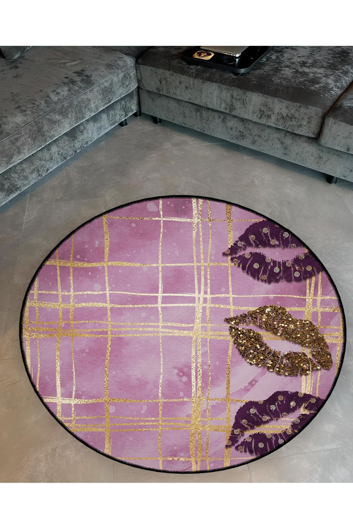 Mira Yuvarlak Pembe Ekose Altın Dudak Ruj Desenli Detaylı Dokuma Taban Modern Dekoratif Halı 5596