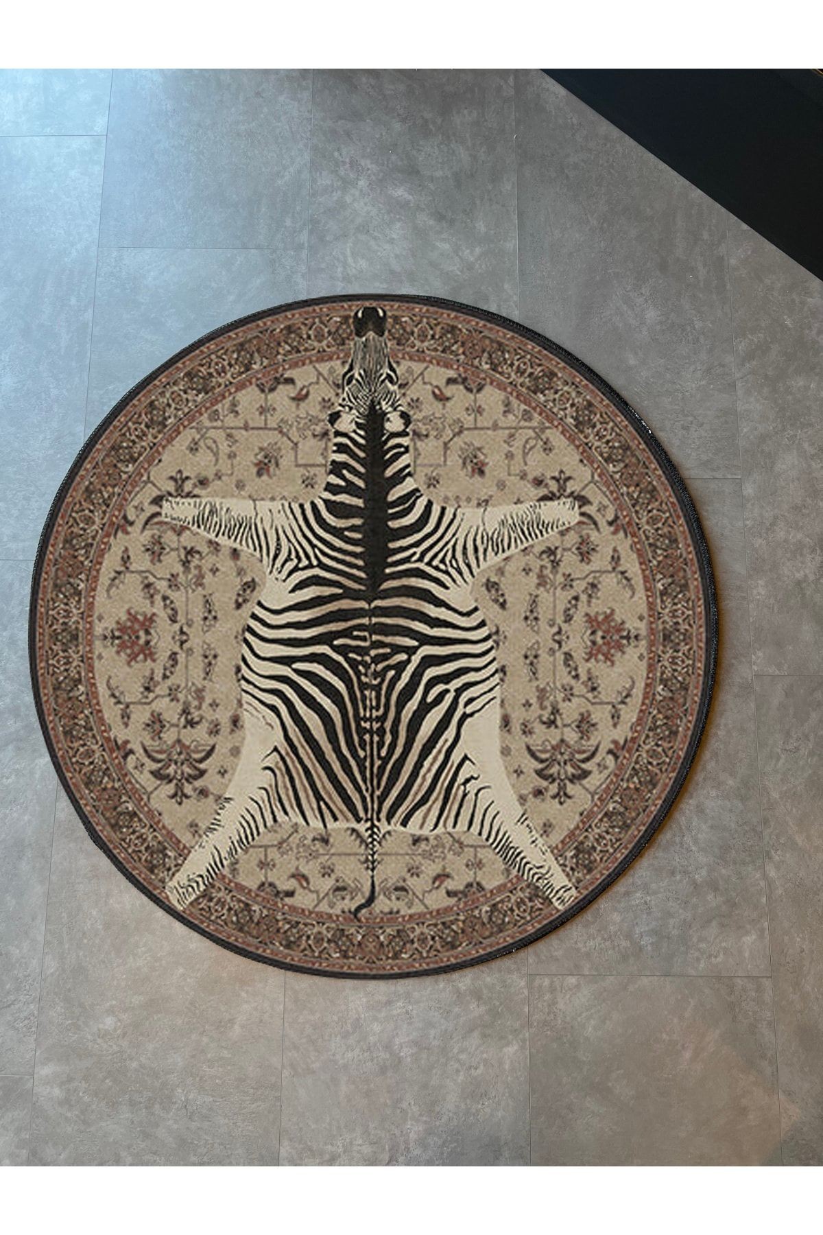 Mira 1158 Yuvarlak Bej Vintage Tema Zebra Desenli Tasarım Dokuma Taban Halı