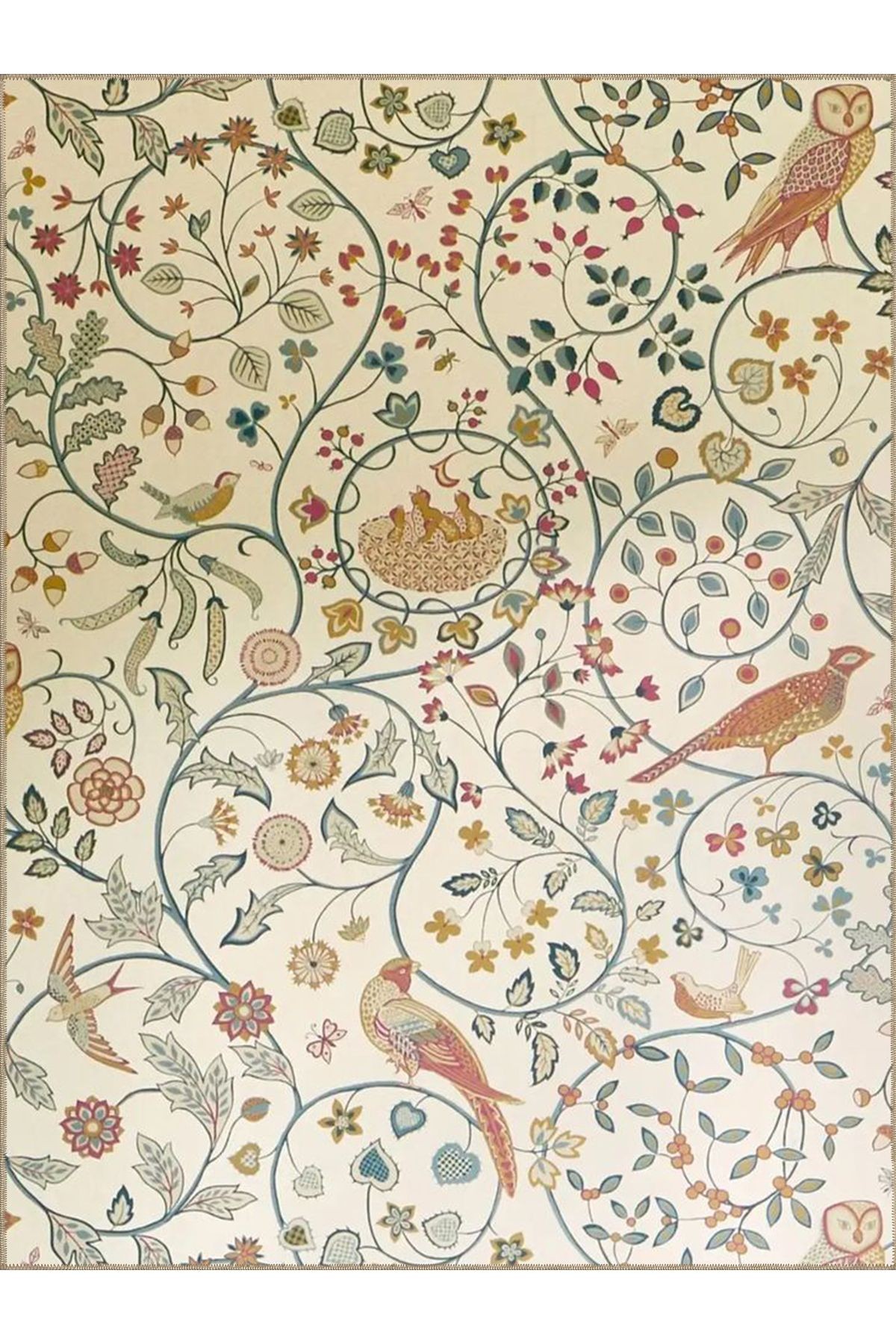 Tuğrul Koleksiyonu Çok Renkli Kuş ve Çiçek Figürleri Desenli Dokuma Taban Modern Dekoratif Halı 25