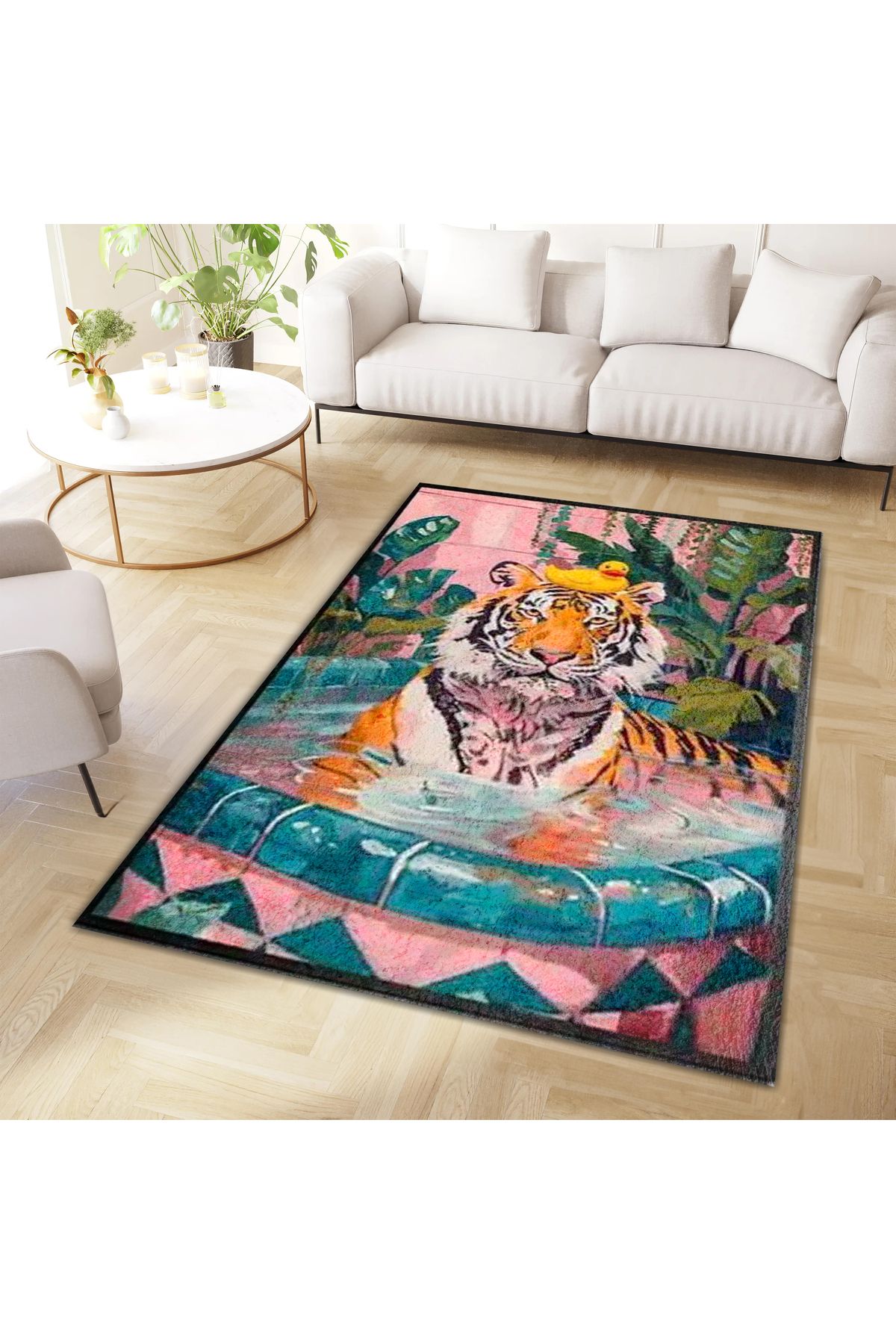 Kuzey Koleksiyonu Havuzda Kaplan ve Oyuncak Ördek Desenli Dokuma Taban Dekoratif Halı kuzey14