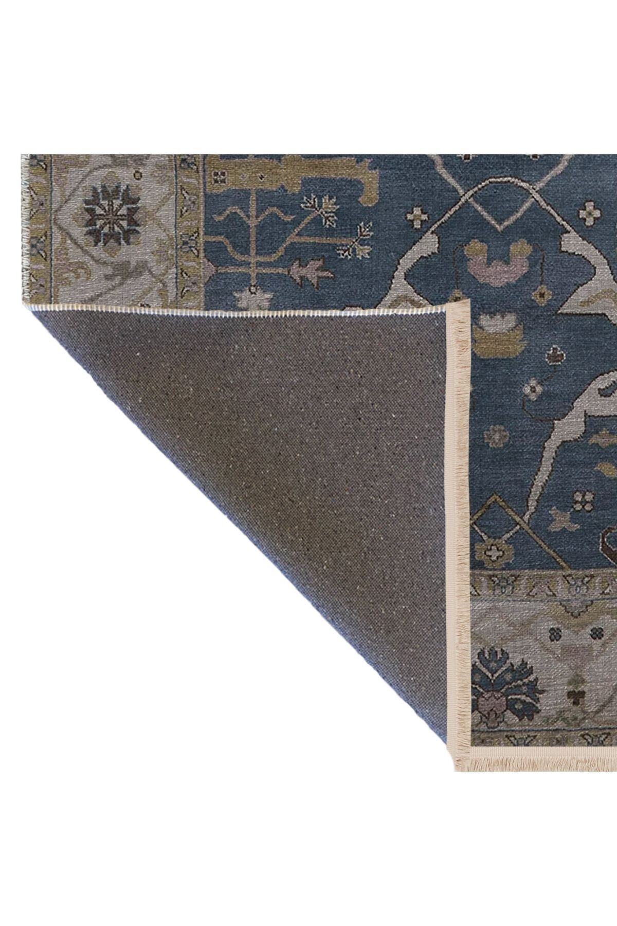 Mavi Bej Temalı Geleneksel Motif Çiçek Desenli Saçaklı Vintage Dekoratif Halı 3134