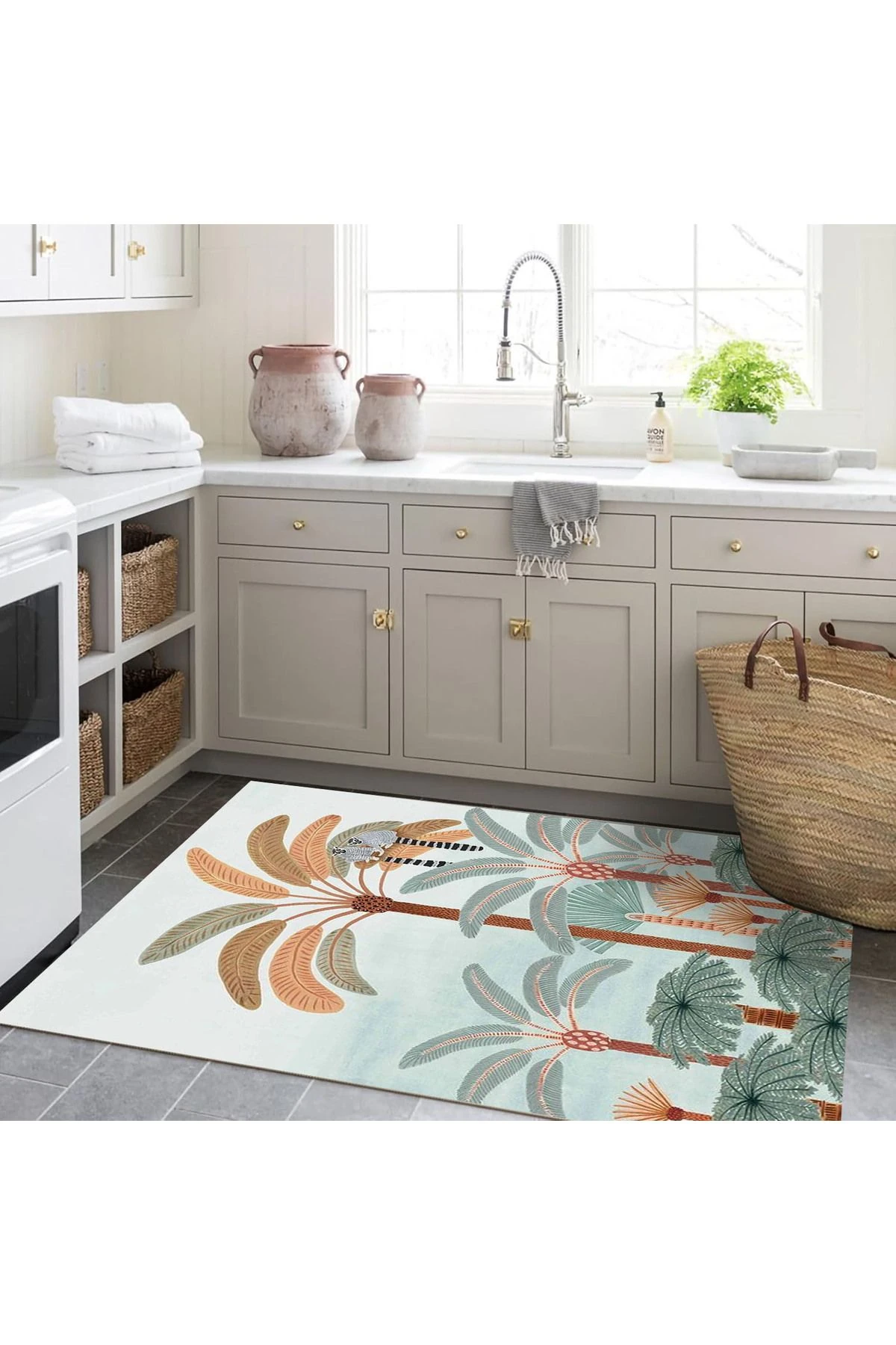 Kubilay Koleksiyonu Tropikal Palmiye Ağaç ve Maymunlar Desenli Dokuma Taban Modern Dekoratif Halı 05