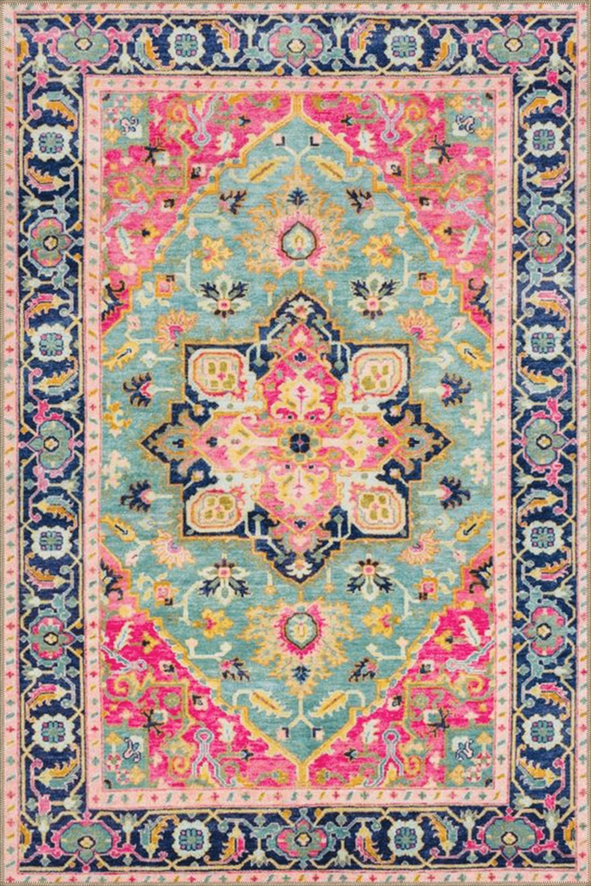 Açık Mavi ve Pembe Temalı Geleneksel Motif Desenli Vintage Dekoratif Halı 4669