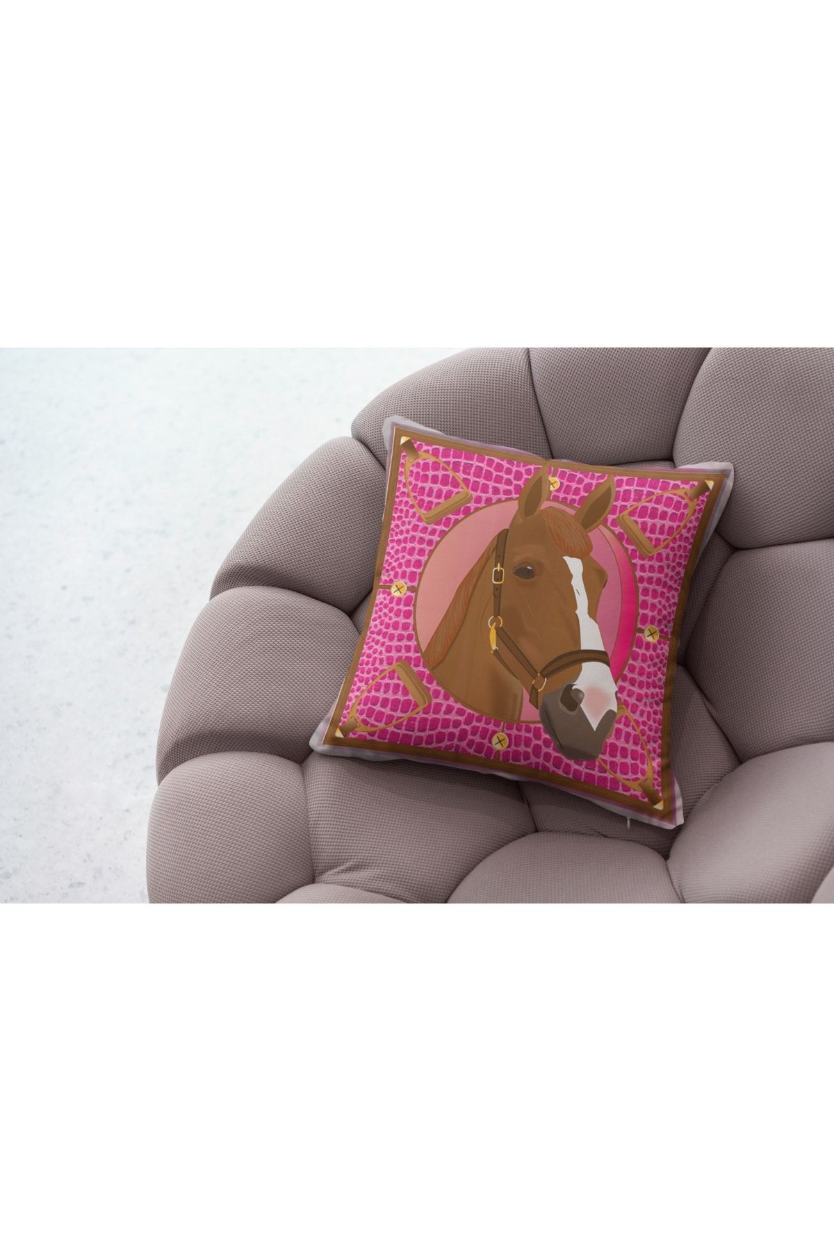 Kırlent Pembe Kahve Rengi At Ve Üzengi Temalı Pillow49