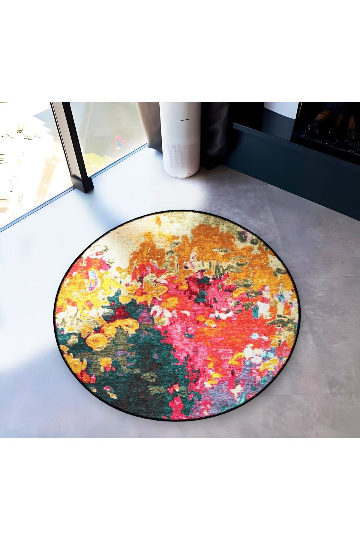 Çok Renkli Soyut Abstract Desenli Yuvarlak Dokuma Taban Modern Dekoratif Halı 6158