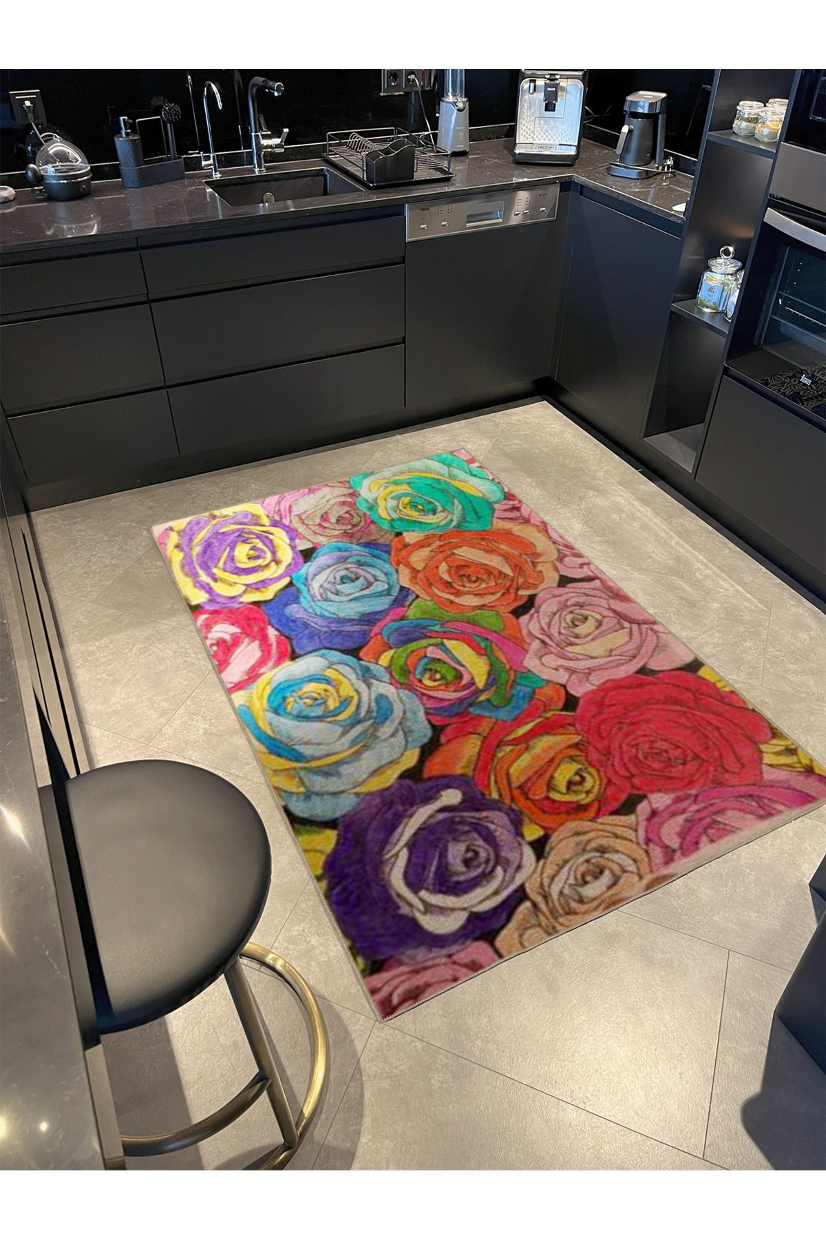 Çok Renkli Soyut Çiçek Gül Desenli Modern Dekoratif Halı 3475