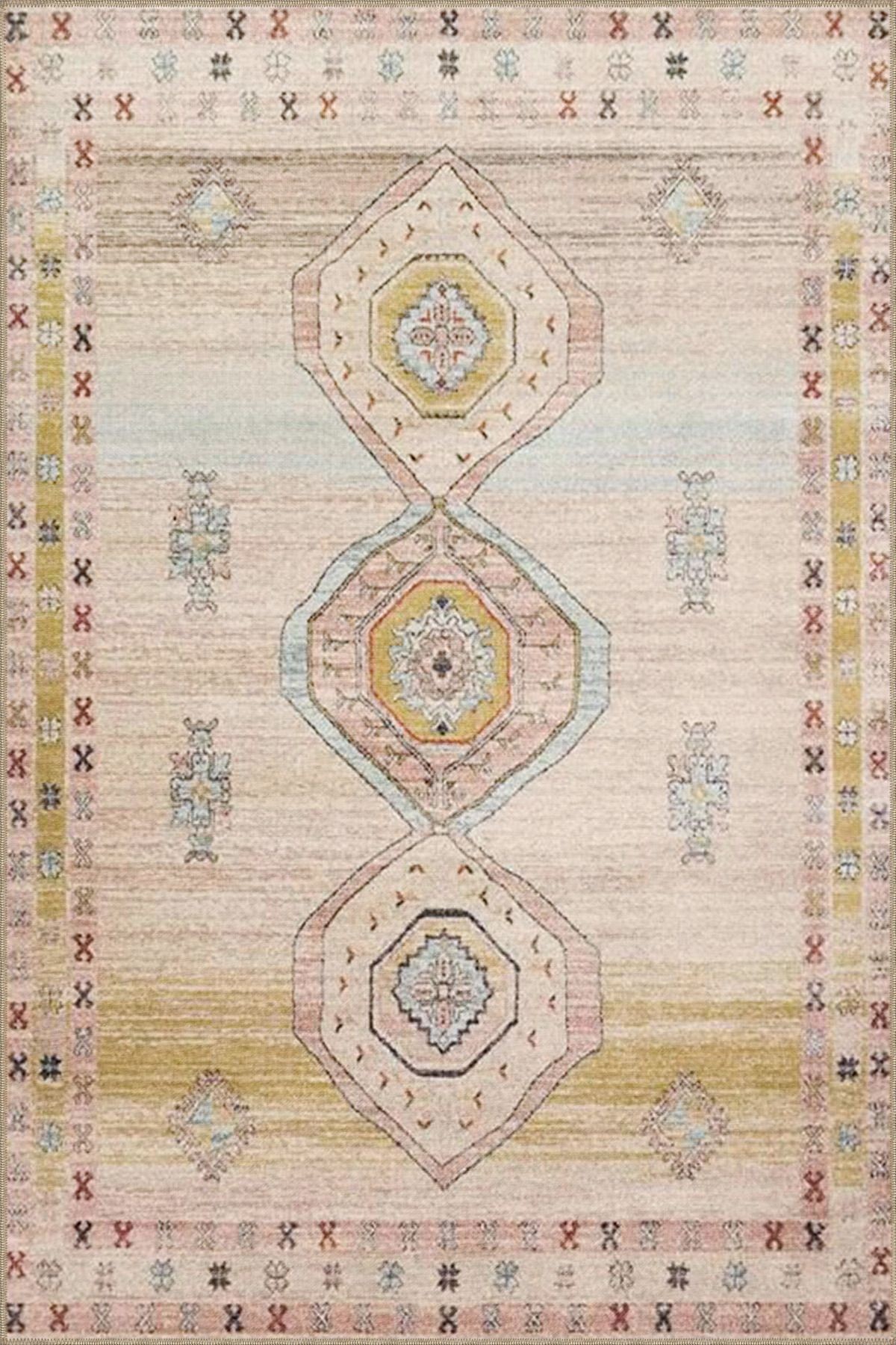 Pudra Temalı Geleneksel Motif Desenli Vintage Dekoratif Halı 3960