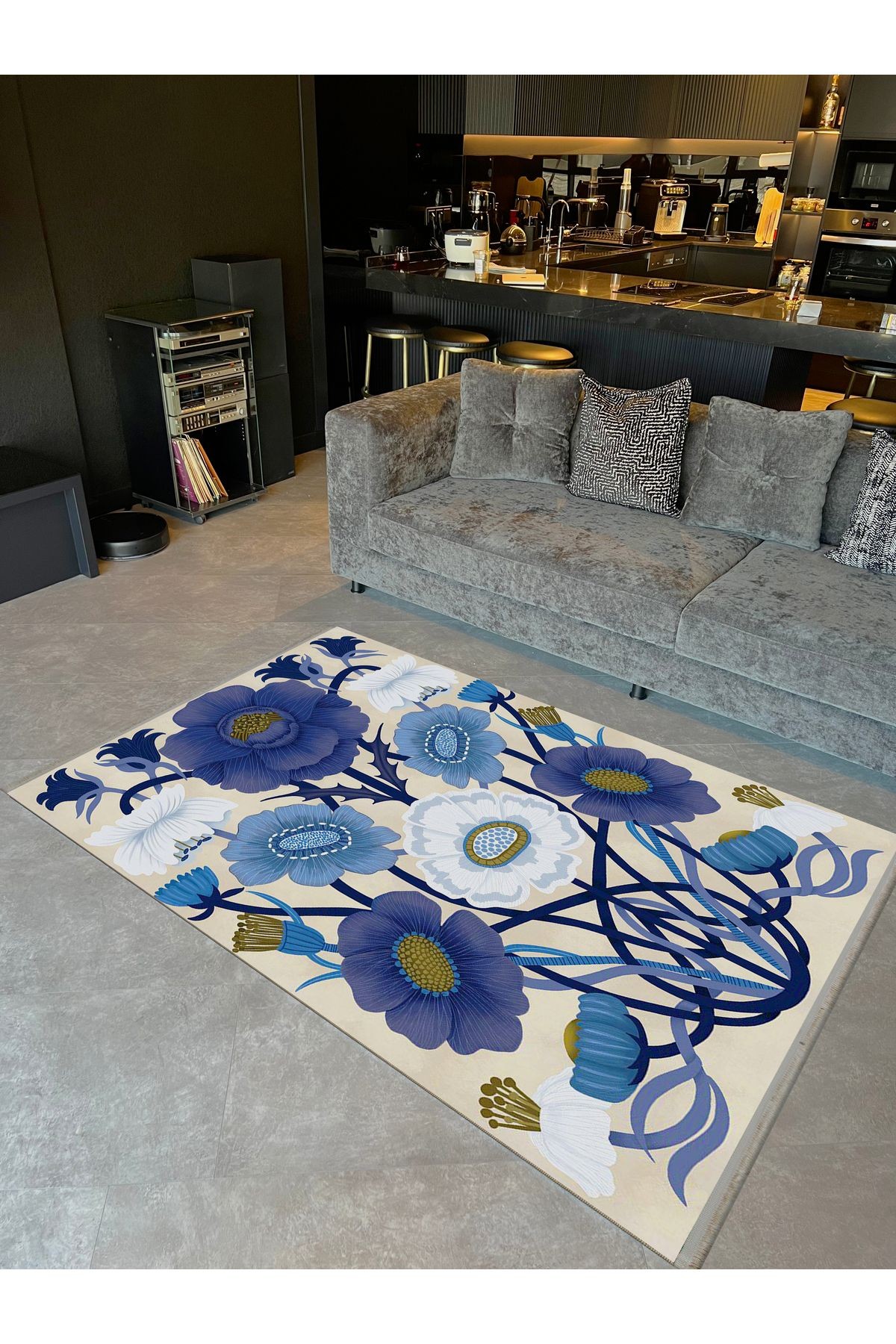 Barcelona Koleksiyonu Mavi Bej Tonlarda Floral Çiçek Desenli Modern Dekoratif Halı 07