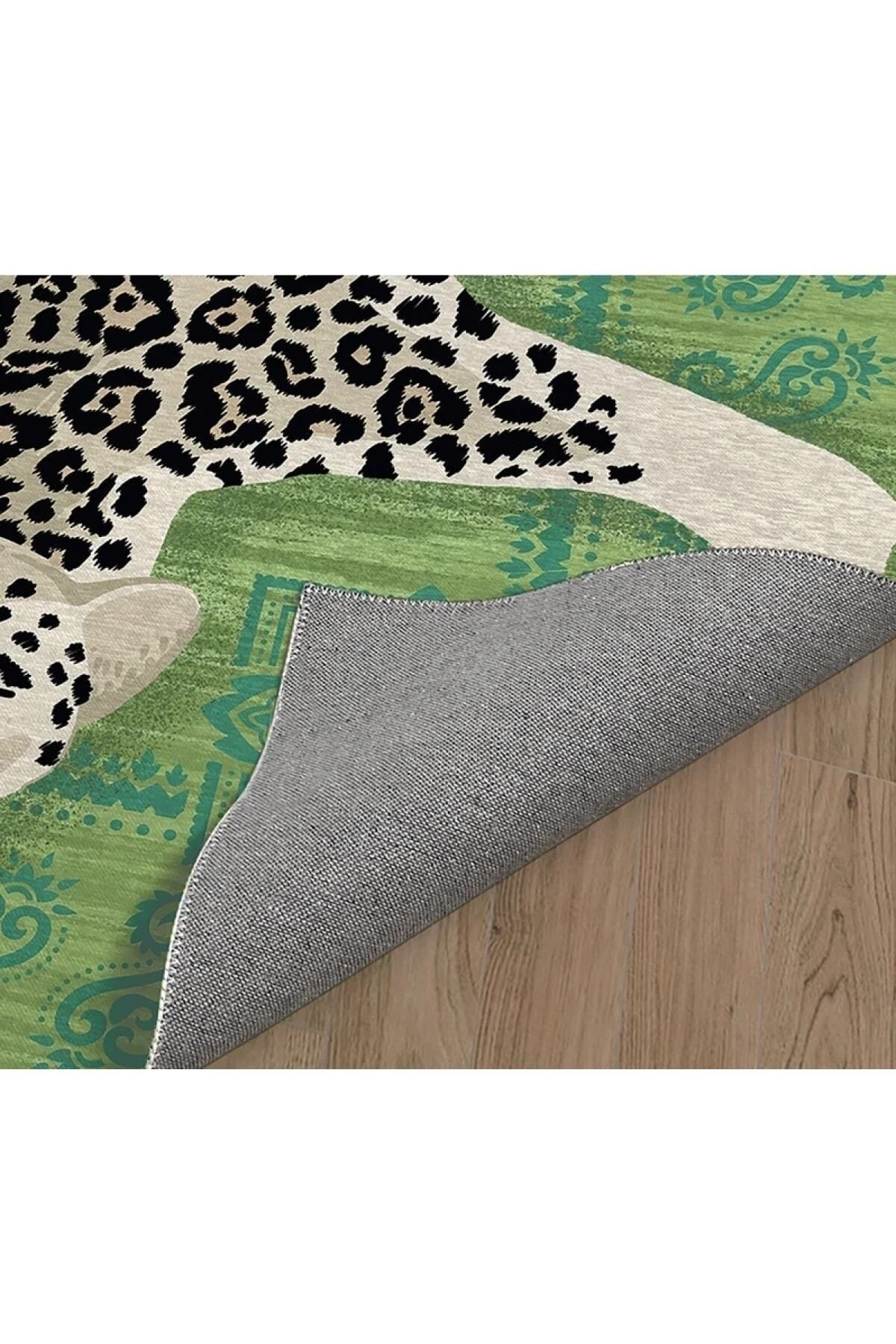 Mira 1166 Fıstık Yeşili Leopar Ve Vintage Temalı Dokuma Taban Halı