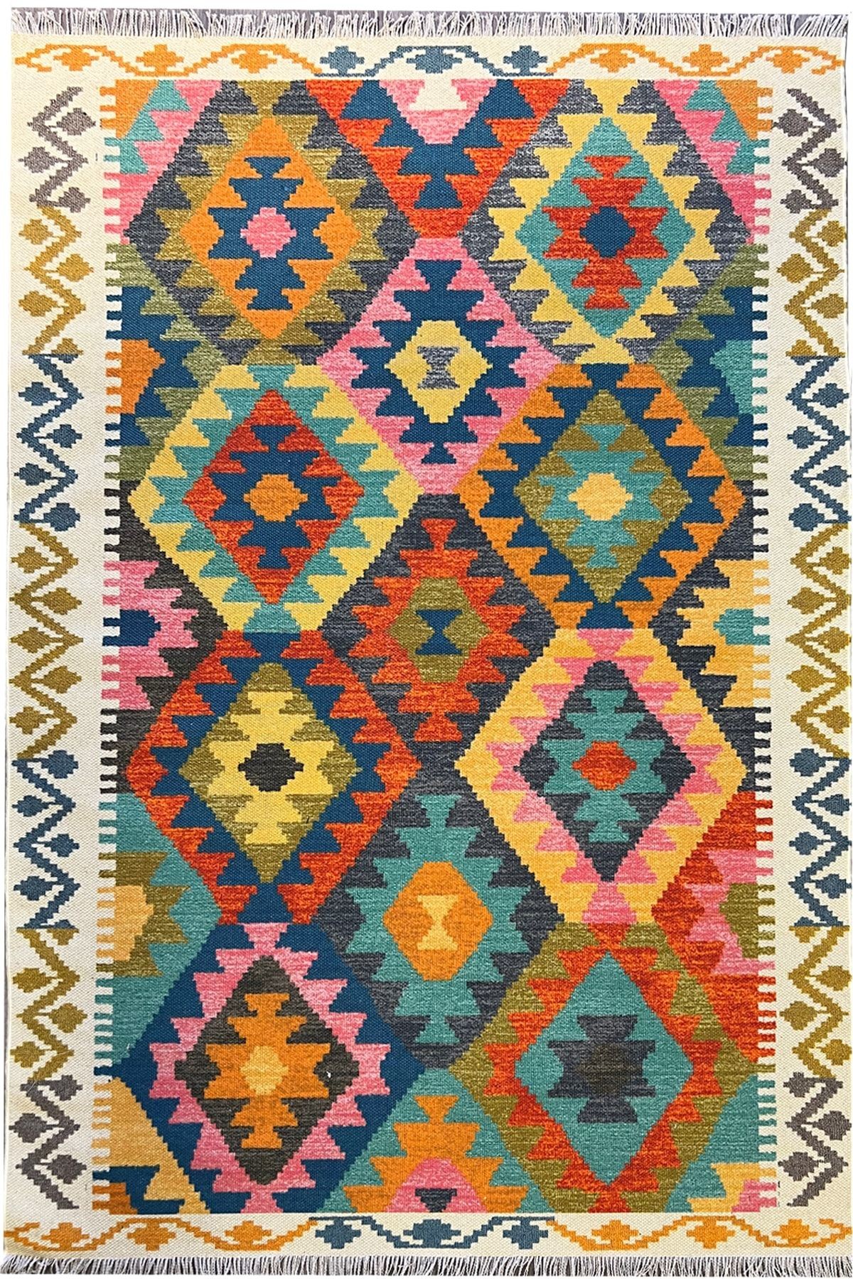 Cotton 562 Etnik Eskitme Desenli Pastel Tonlarda Dokuma Taban Kilim
