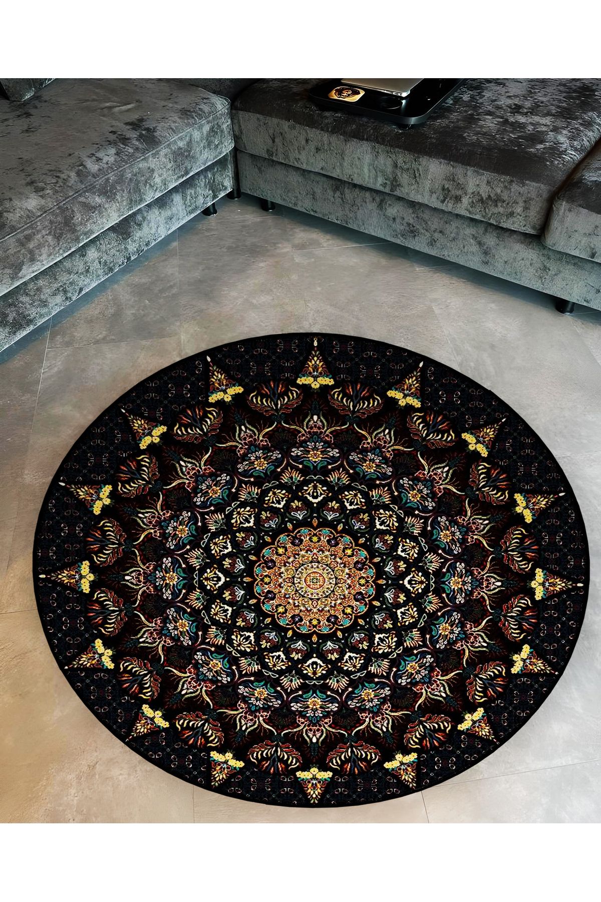 Mira Yuvarlak Siyah Antik Dokuma Taban Modern Dekoratif Halı 5676