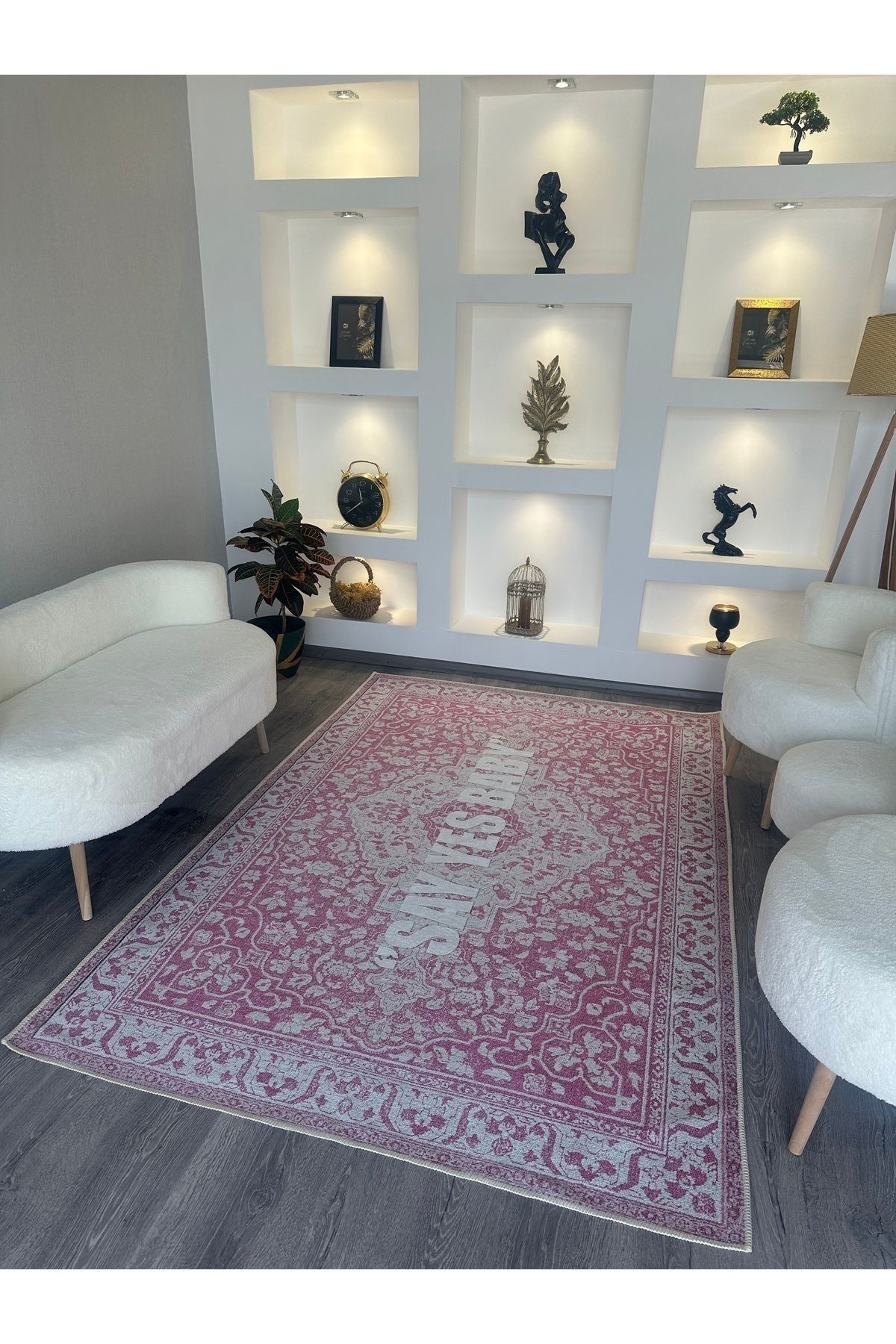 Opal Pembe Temalı Yazı Detaylı Desenli Dokuma Taban Modern Dekoratif Halı opal02