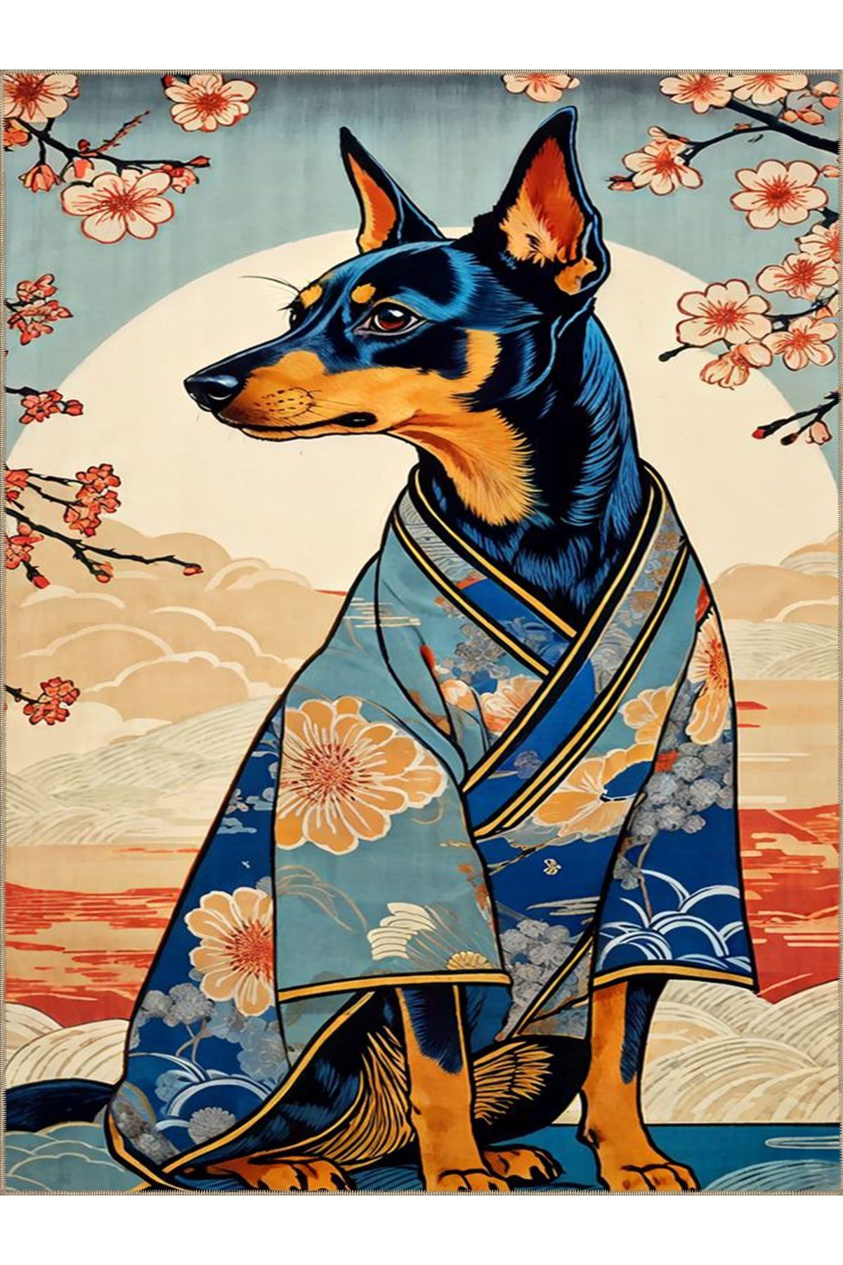 Tuğrul Koleksiyonu Bulutlarda Kimono Giyen Köpek Desenli Dokuma Taban Soyut Modern Dekoratif Halı 40
