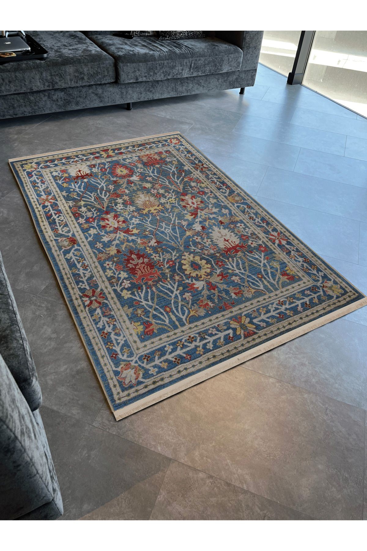 Mavi Temalı Geleneksel Motif Etnik Çiçek Desenli Kreatif Vintage Dekoratif Halı 2793