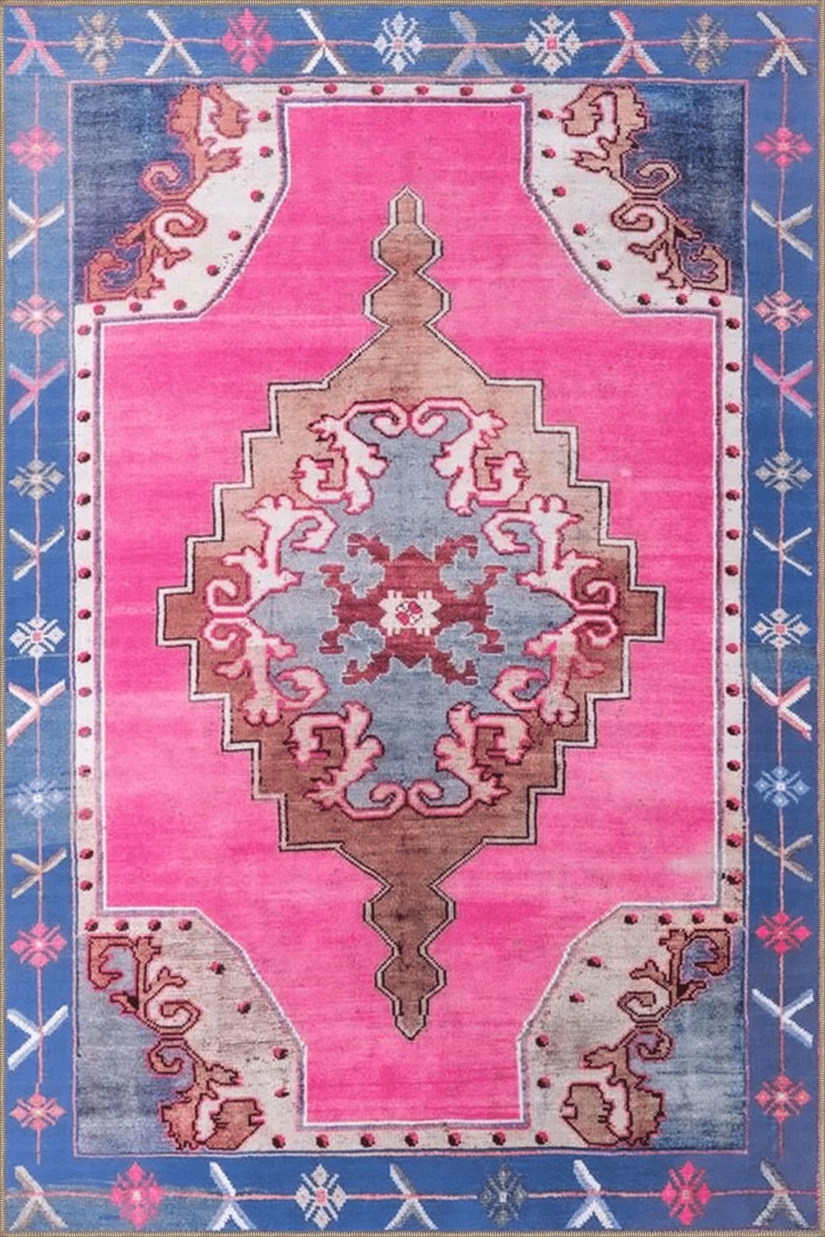 Mavi Pembe Temalı Geleneksel Motif Desenli Vintage Dekoratif Halı 3611