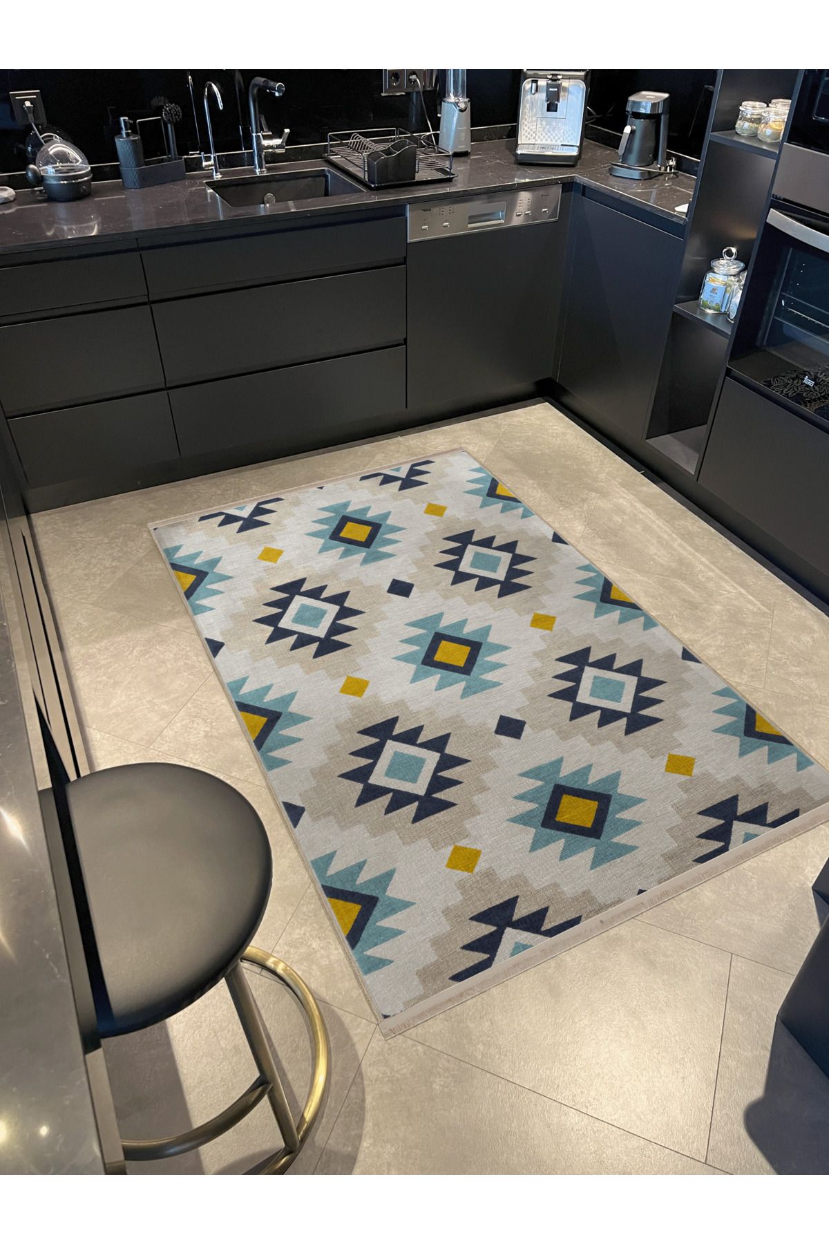 Bej Mavi Temalı Çok Renkli Geometrik Motif Desenli Kreatif Vintage Dekoratif Halı 2757