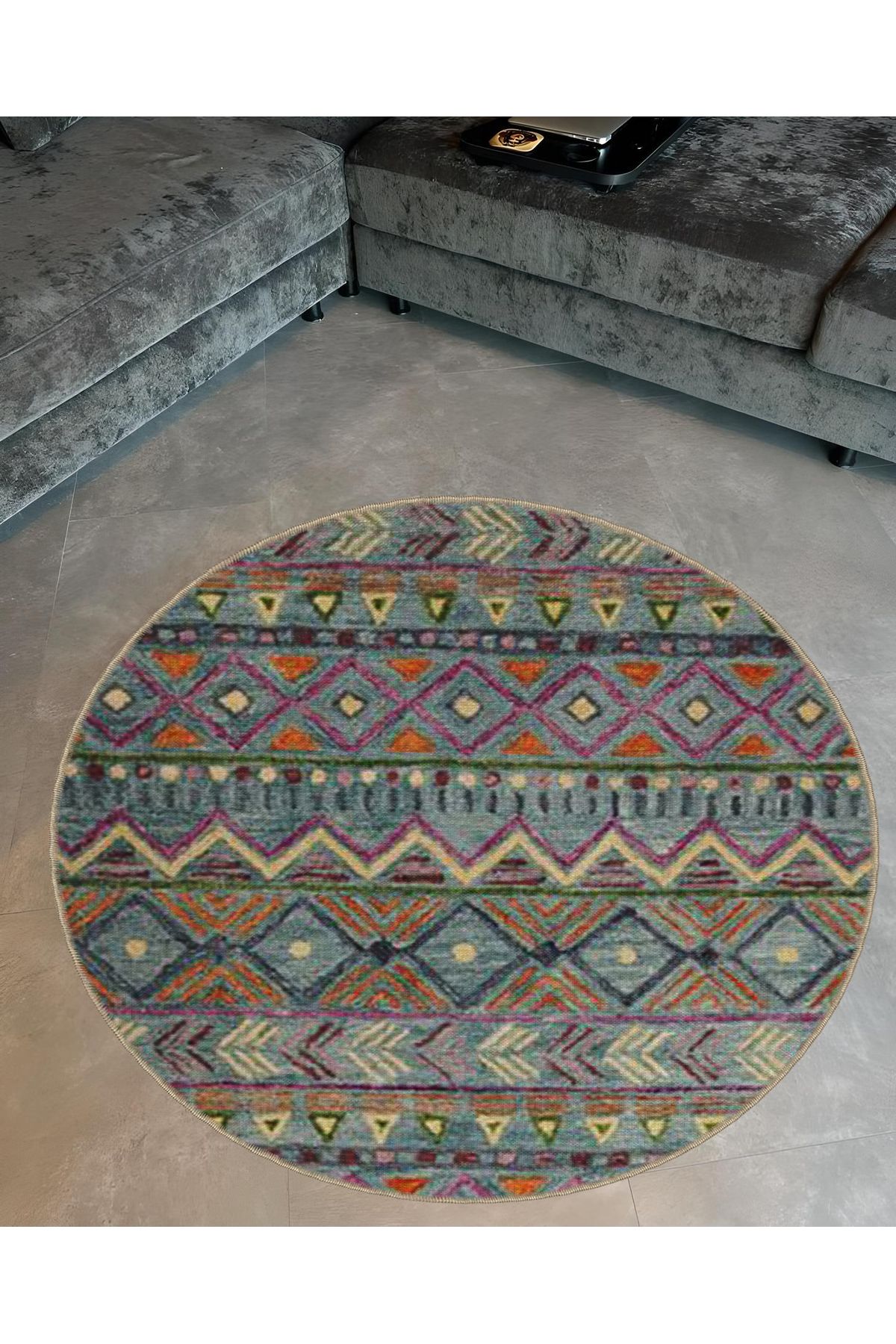 Çok Renkli Karma Etnik Motif Desenli Yuvarlak Dokuma Taban Modern Dekoratif Halı 6057