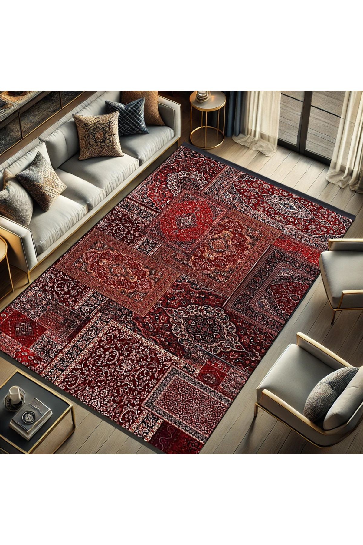 Kuvars Koleksiyonu Kırmızı Vintage Motifler Desenli Dokuma Taban Etnik Dekoratif Halı kuvars27