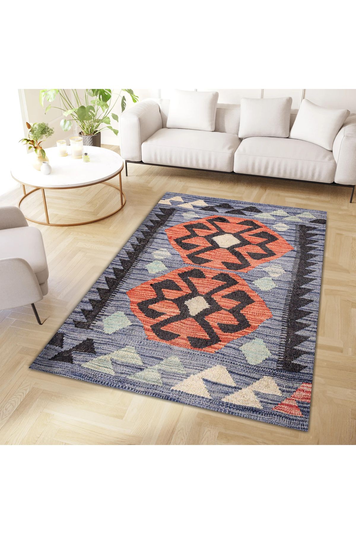 Mete Koleksiyonu Gri ve Turuncu Temalı Geometrik Detaylı Klasik Desenli Vintage Dekoratif Halı 33