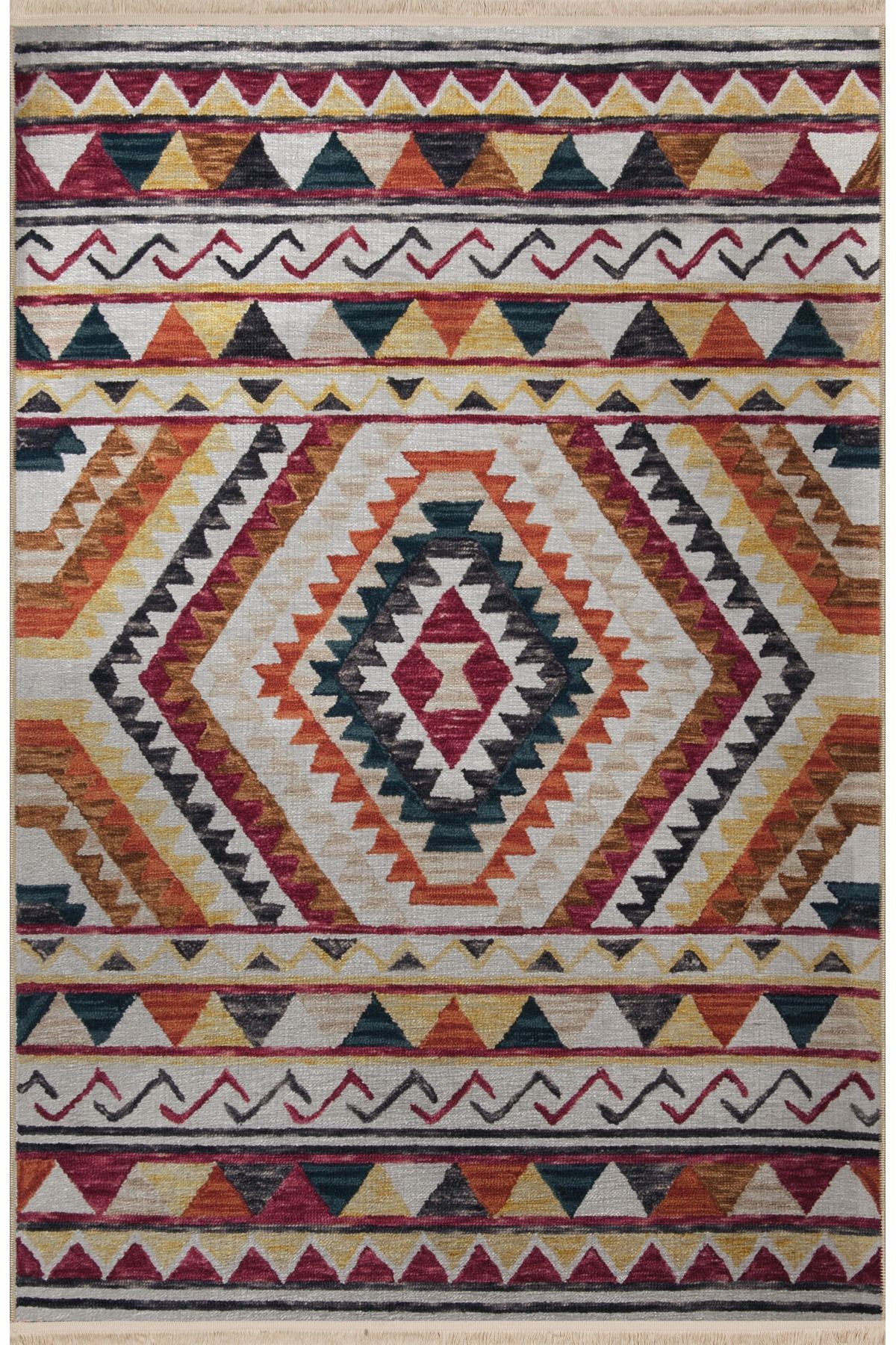 Çok Renkli Geleneksel Motif Desenli Saçaklı Vintage Dekoratif Halı 3076