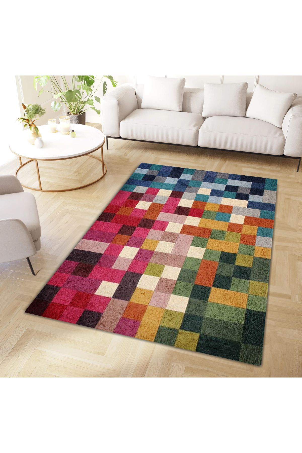 Kuzey Koleksiyonu Çok Renkli Kareli Desenli Dokuma Taban Dekoratif Halı kuzey36