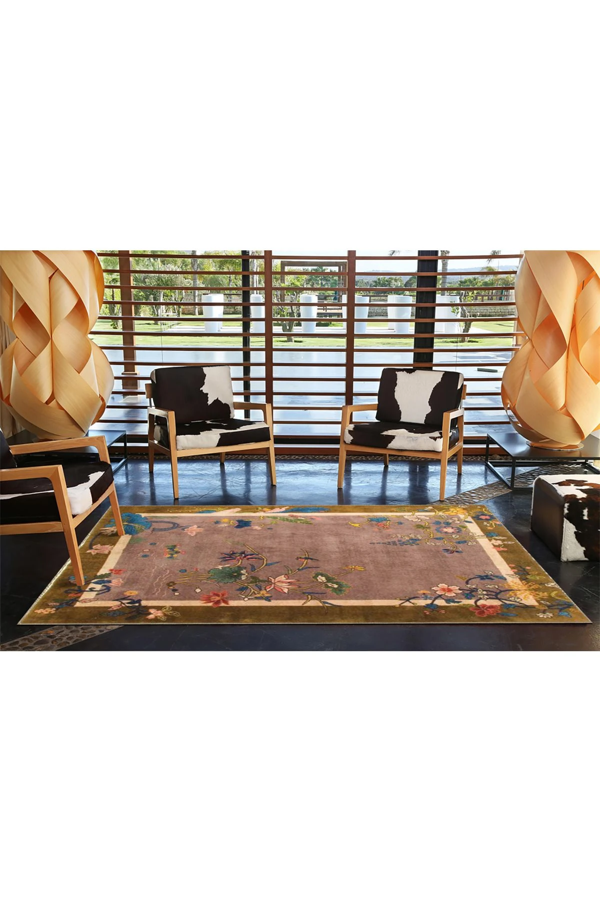 Kahverengi Sarmaşık Çiçekli Modern Desenli Dokuma Taban ve Dekoratif Yıkanabilir Halı miravip8571