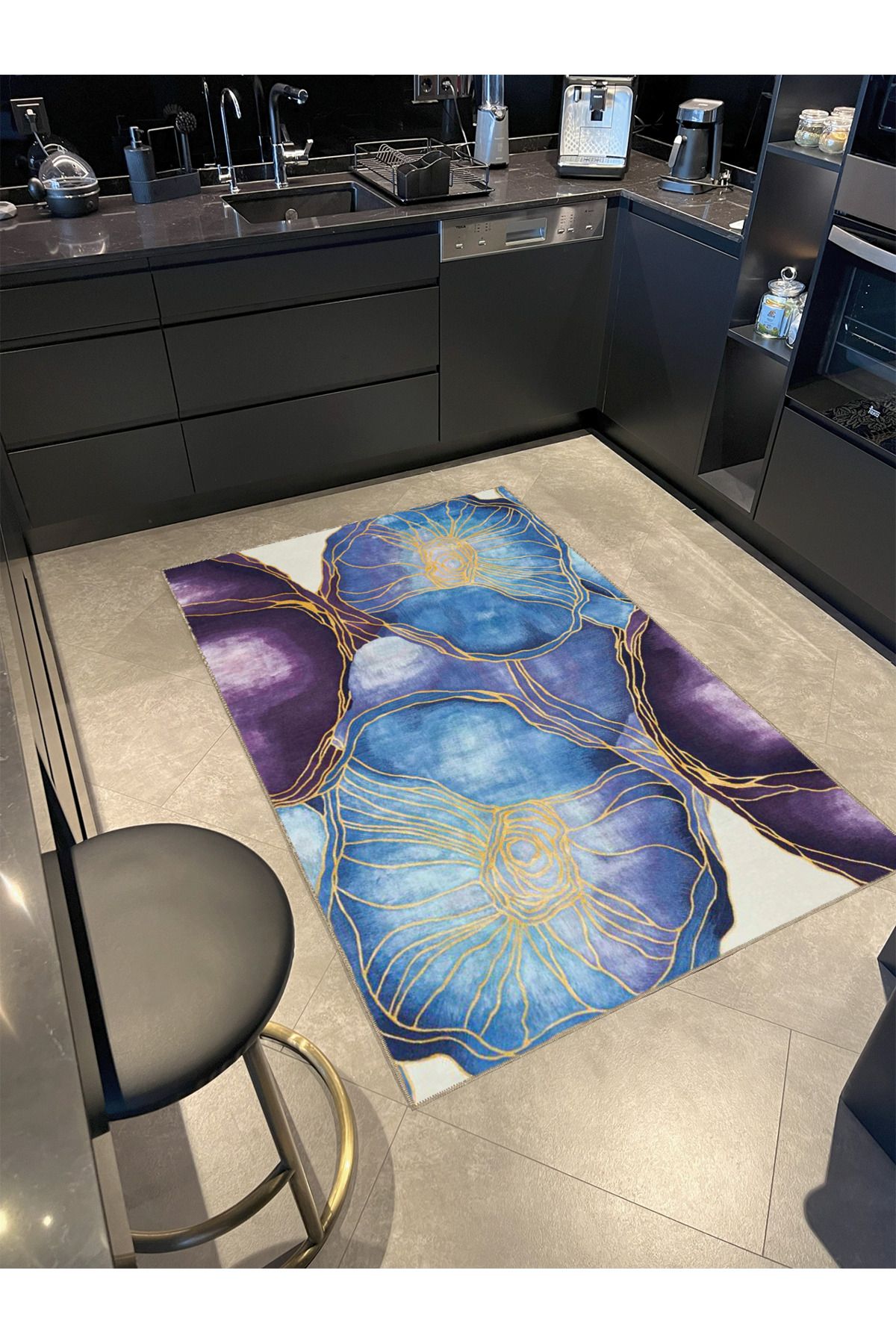 Mor Mavi Temalı Soyut Prizmatik Desenli Kreatif Modern Dekoratif Halı 3987
