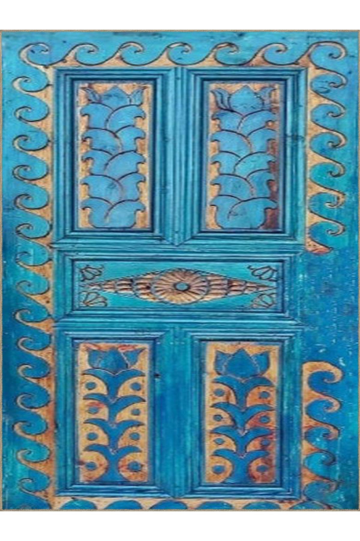 Seda Koleksiyonu Turkuaz Antik Desenli Dokuma Taban Modern Dekoratif Halı seda01