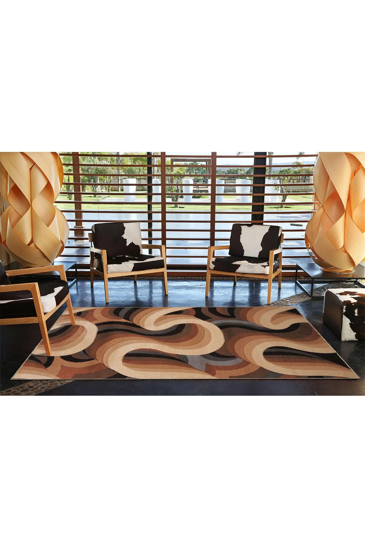 Ohm Dalgalı Kahverengi Tonlarda Desenli Dokuma Taban ve Yıkanabilir Halı miravip9379